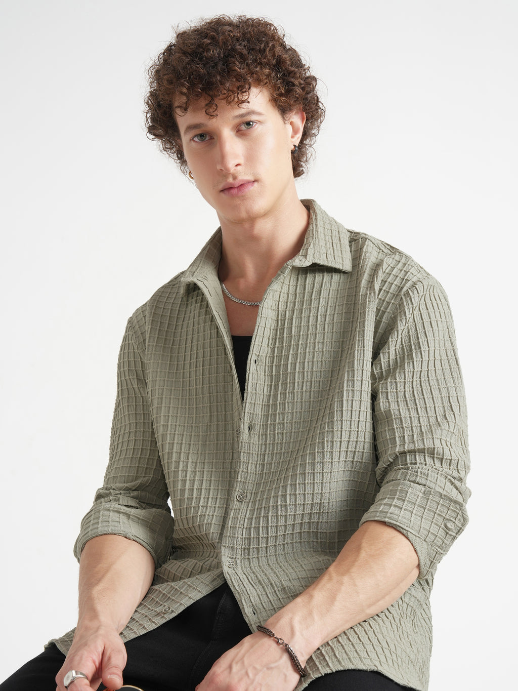 Highlander Men Grey Self Design Relaxed Fit Casual Shirt - Grey - Image 1
