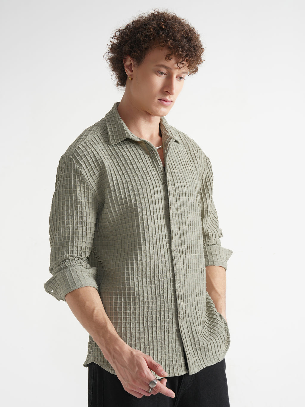 Highlander Men Grey Self Design Relaxed Fit Casual Shirt - Grey - Image 6
