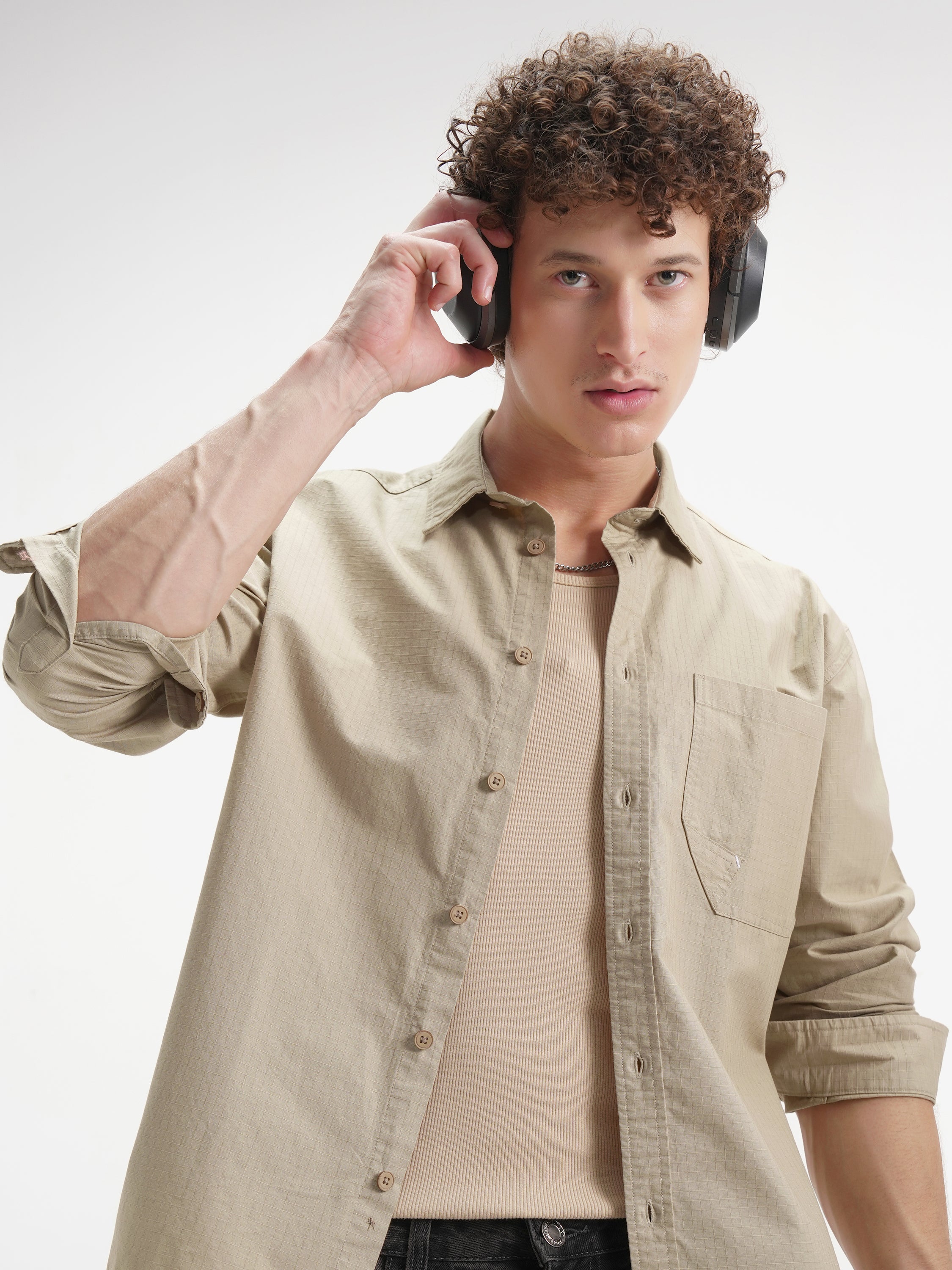 Highlander Men Beige Self Design Oversized Fit Casual Shirt - Beige - Image 1
