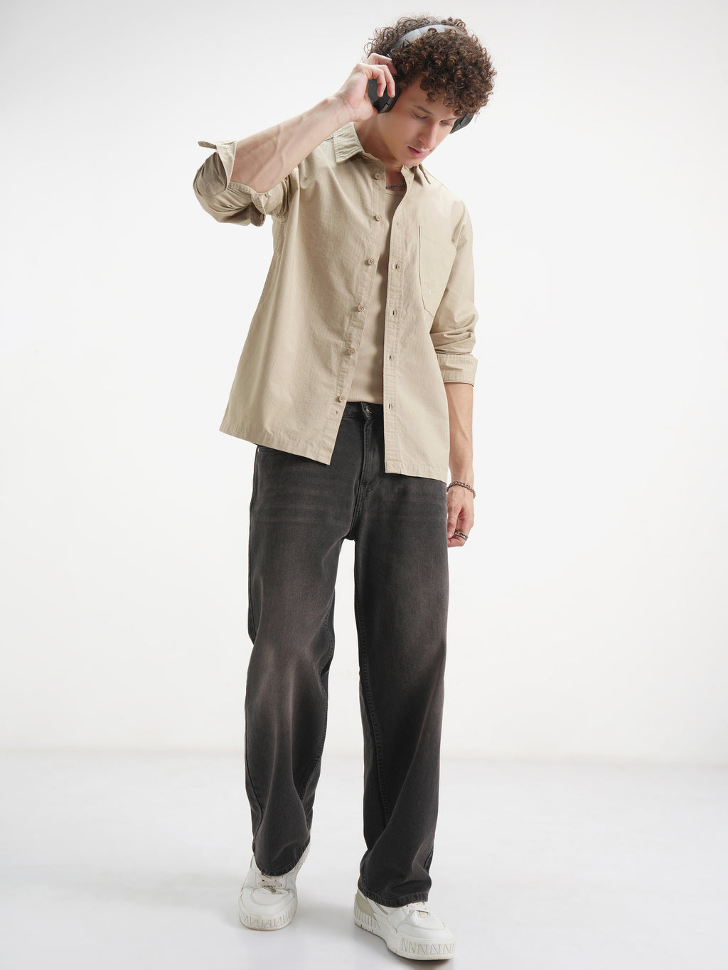 Highlander Men Beige Self Design Oversized Fit Casual Shirt - Beige - Image 2
