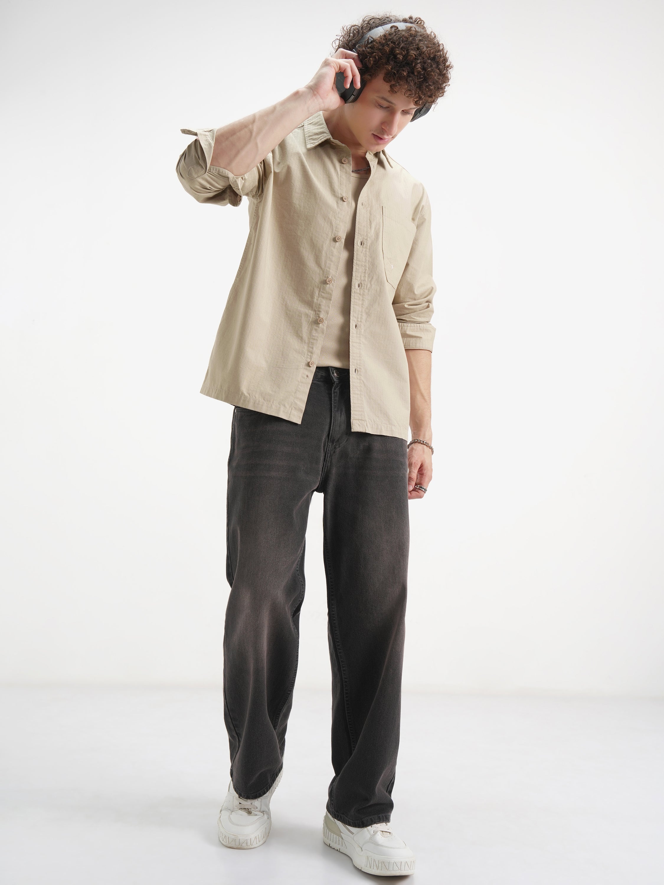 Highlander Men Beige Self Design Oversized Fit Casual Shirt - Beige - Image 2