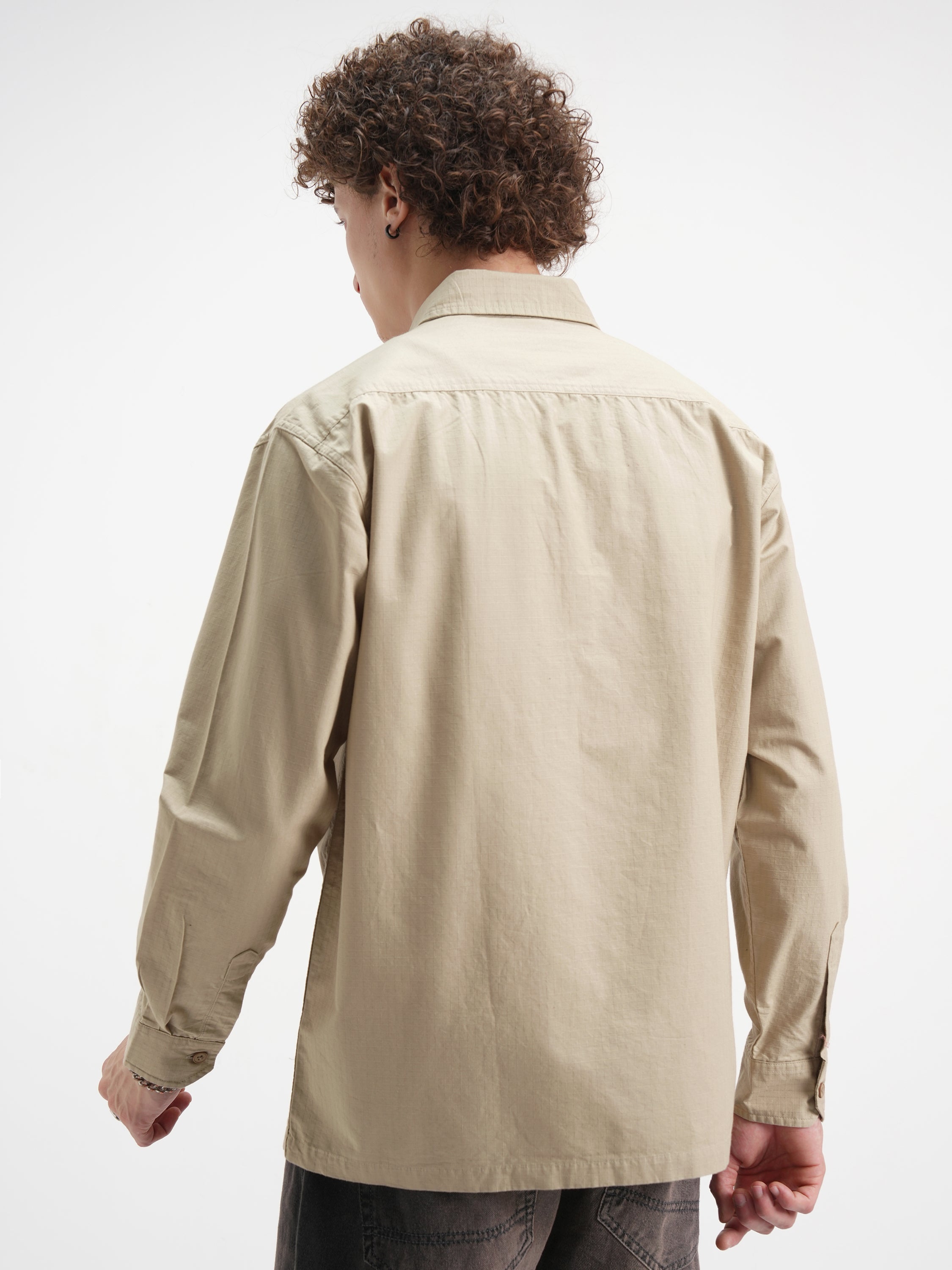 Highlander Men Beige Self Design Oversized Fit Casual Shirt - Beige - Image 3