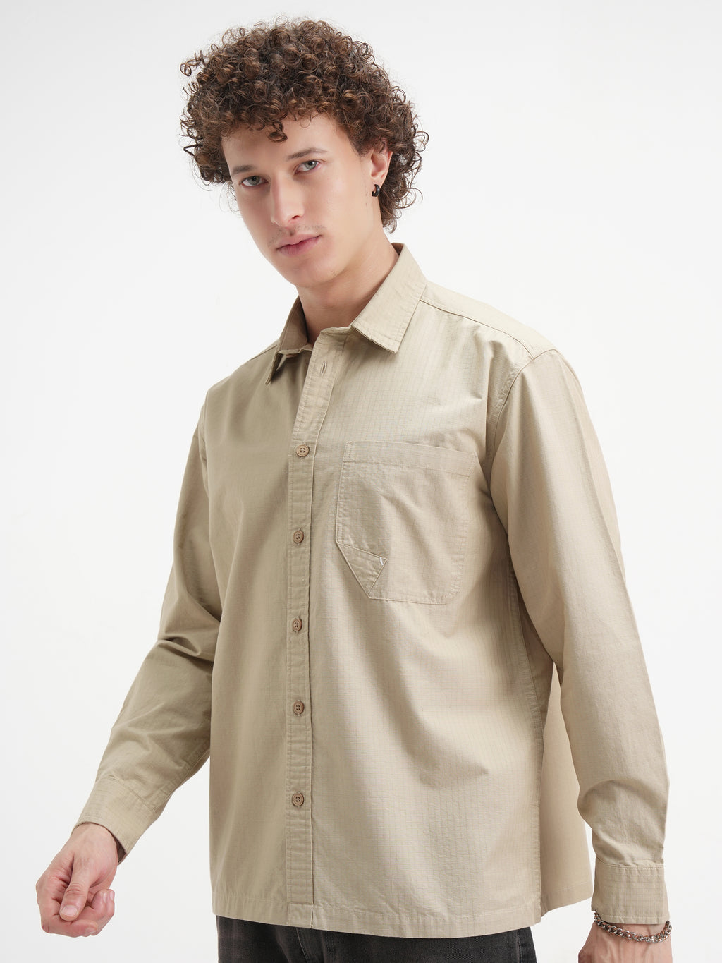 Highlander Men Beige Self Design Oversized Fit Casual Shirt - Beige - Image 4