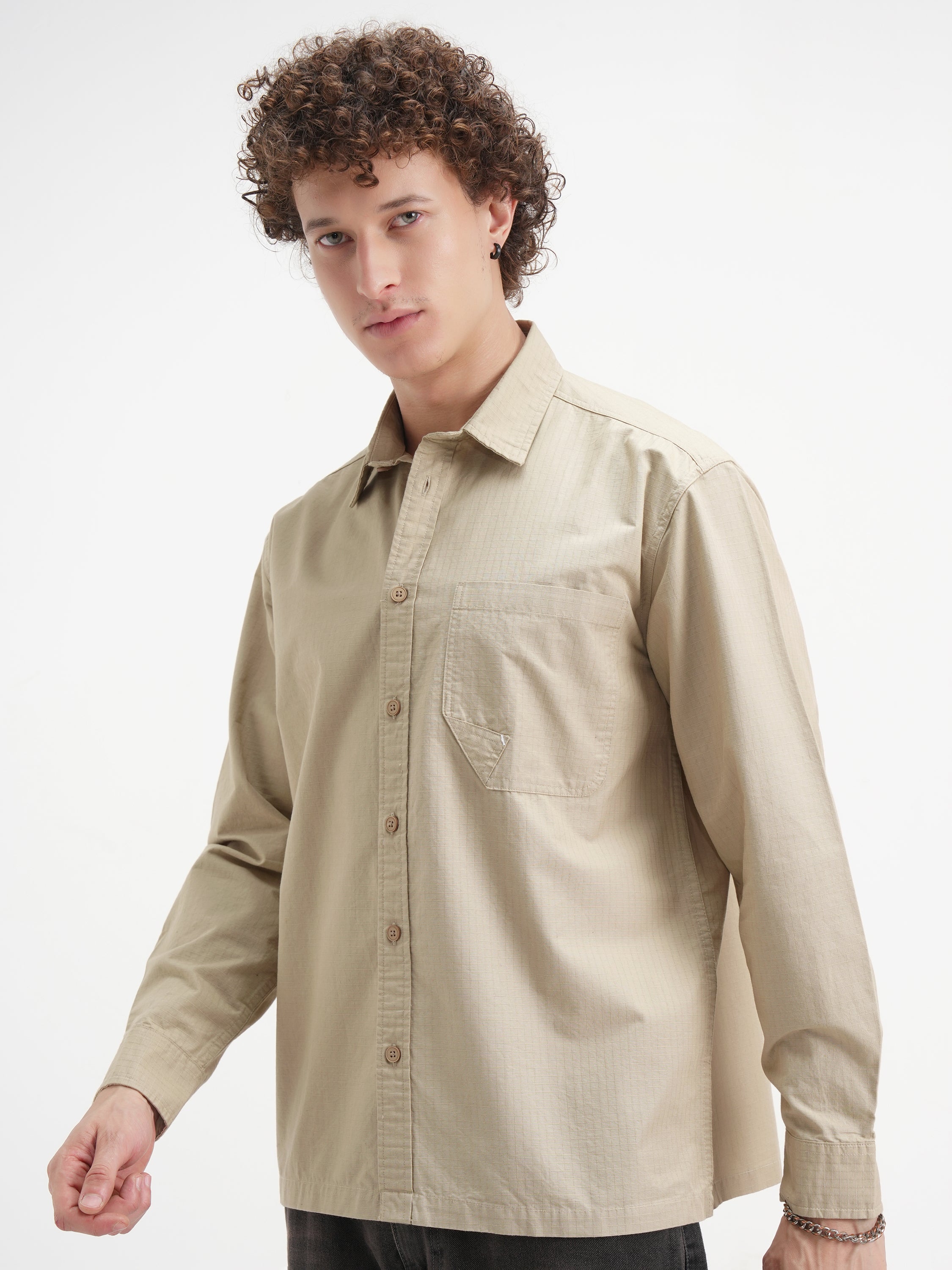 Highlander Men Beige Self Design Oversized Fit Casual Shirt - Beige - Image 4