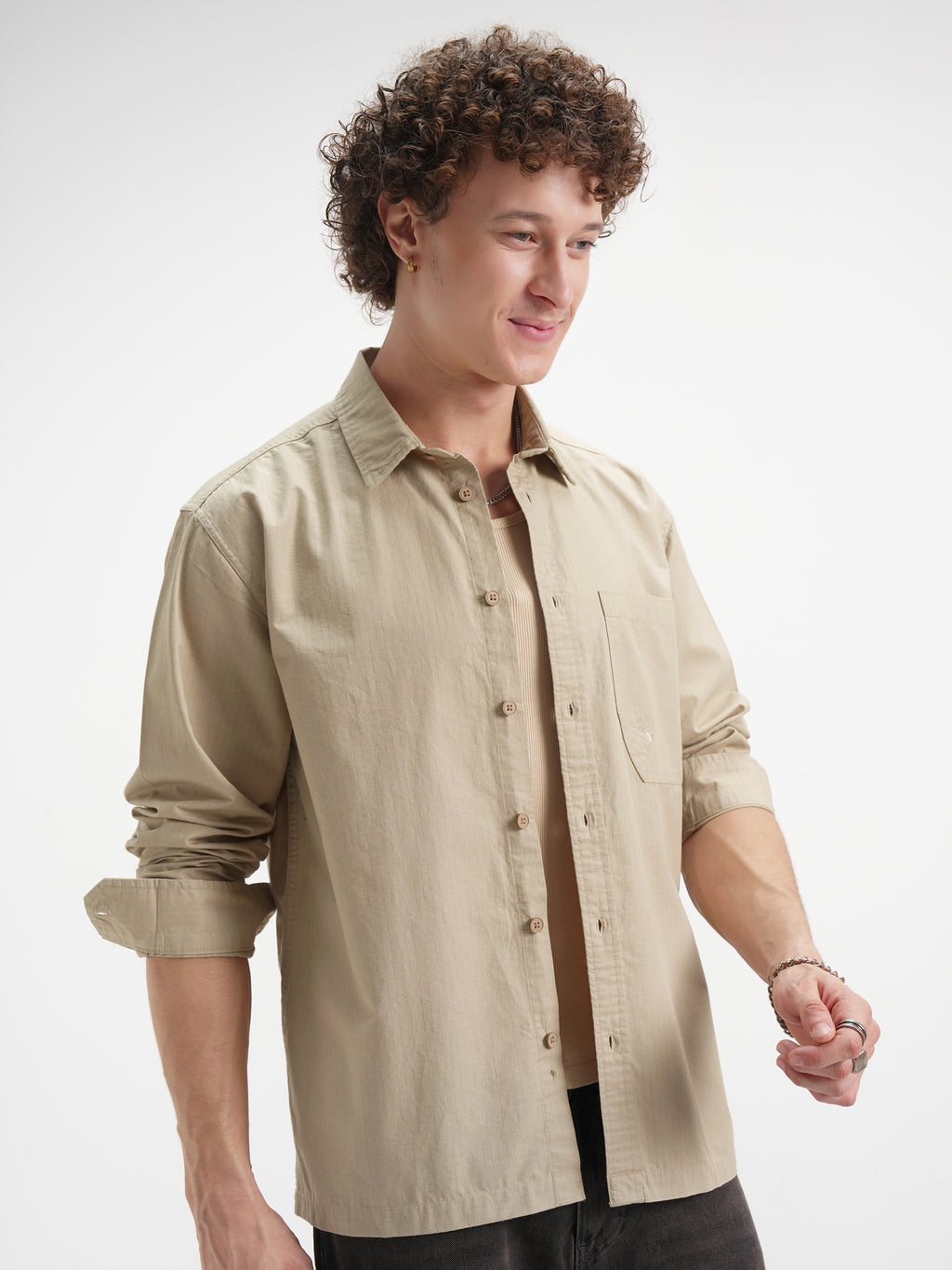 Highlander Men Beige Self Design Oversized Fit Casual Shirt - Beige - Image 6