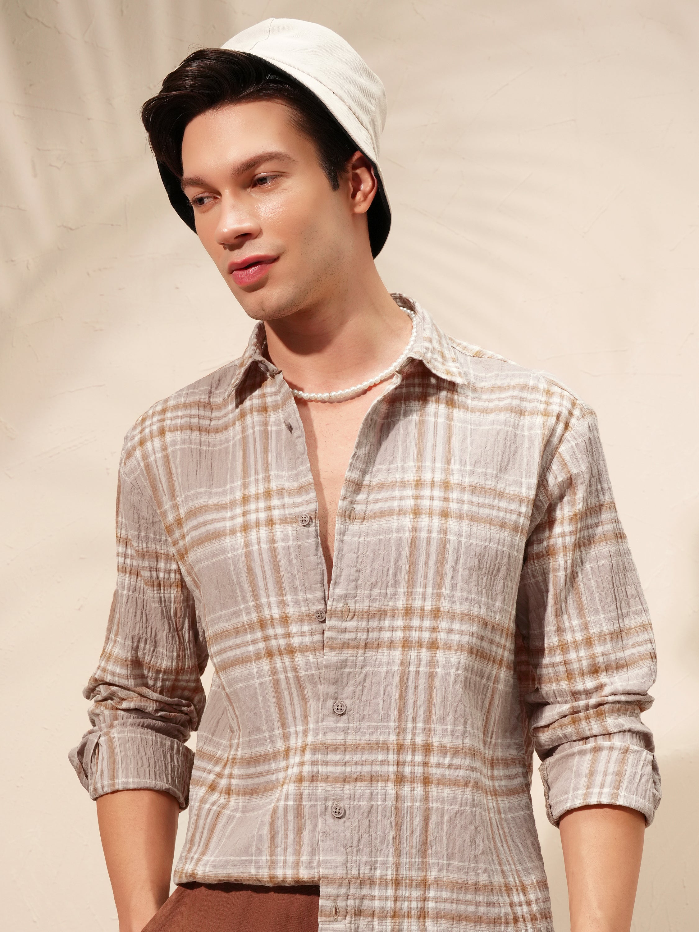 Highlander Men Tan Checked Relaxed Fit Casual Shirt - Tan - Image 1