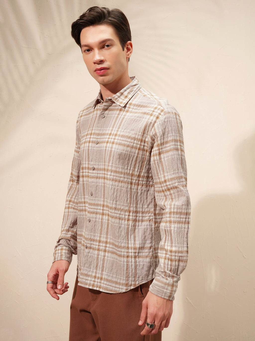 Highlander Men Tan Checked Relaxed Fit Casual Shirt - Tan - Image 4