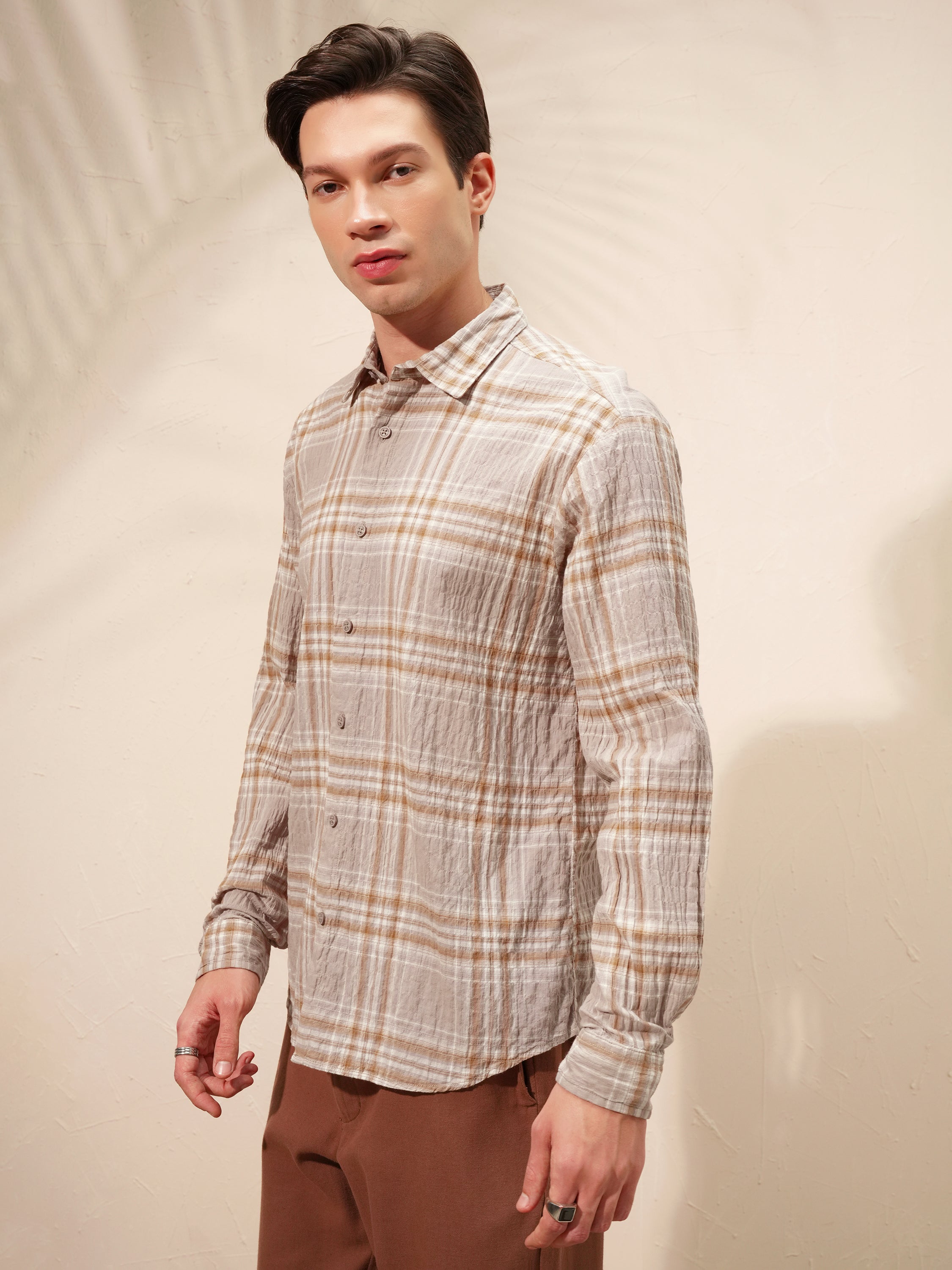 Highlander Men Tan Checked Relaxed Fit Casual Shirt - Tan - Image 4