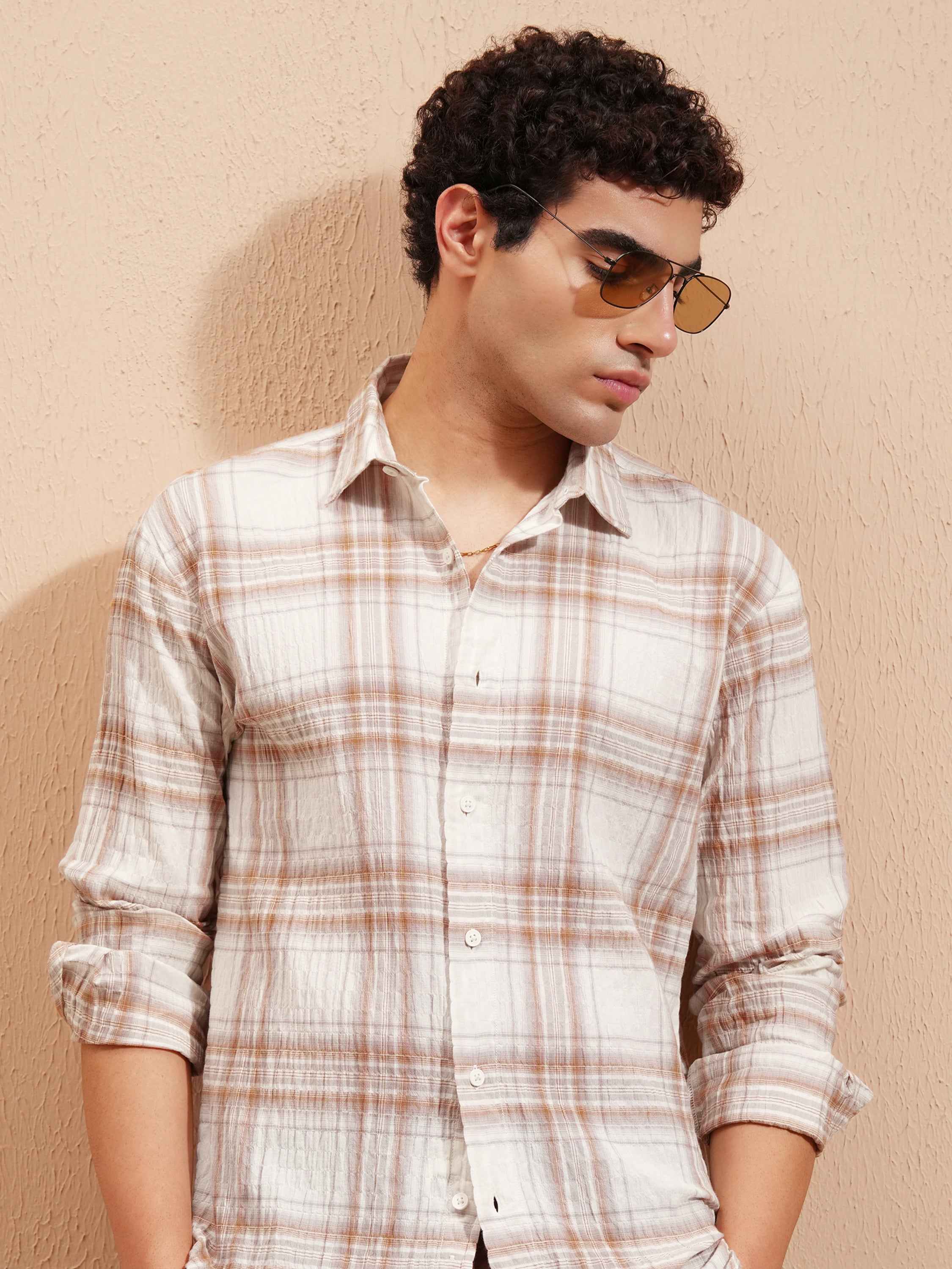 Highlander Men Cream Checked Relaxed Fit Casual Shirt - Cream - Image 1