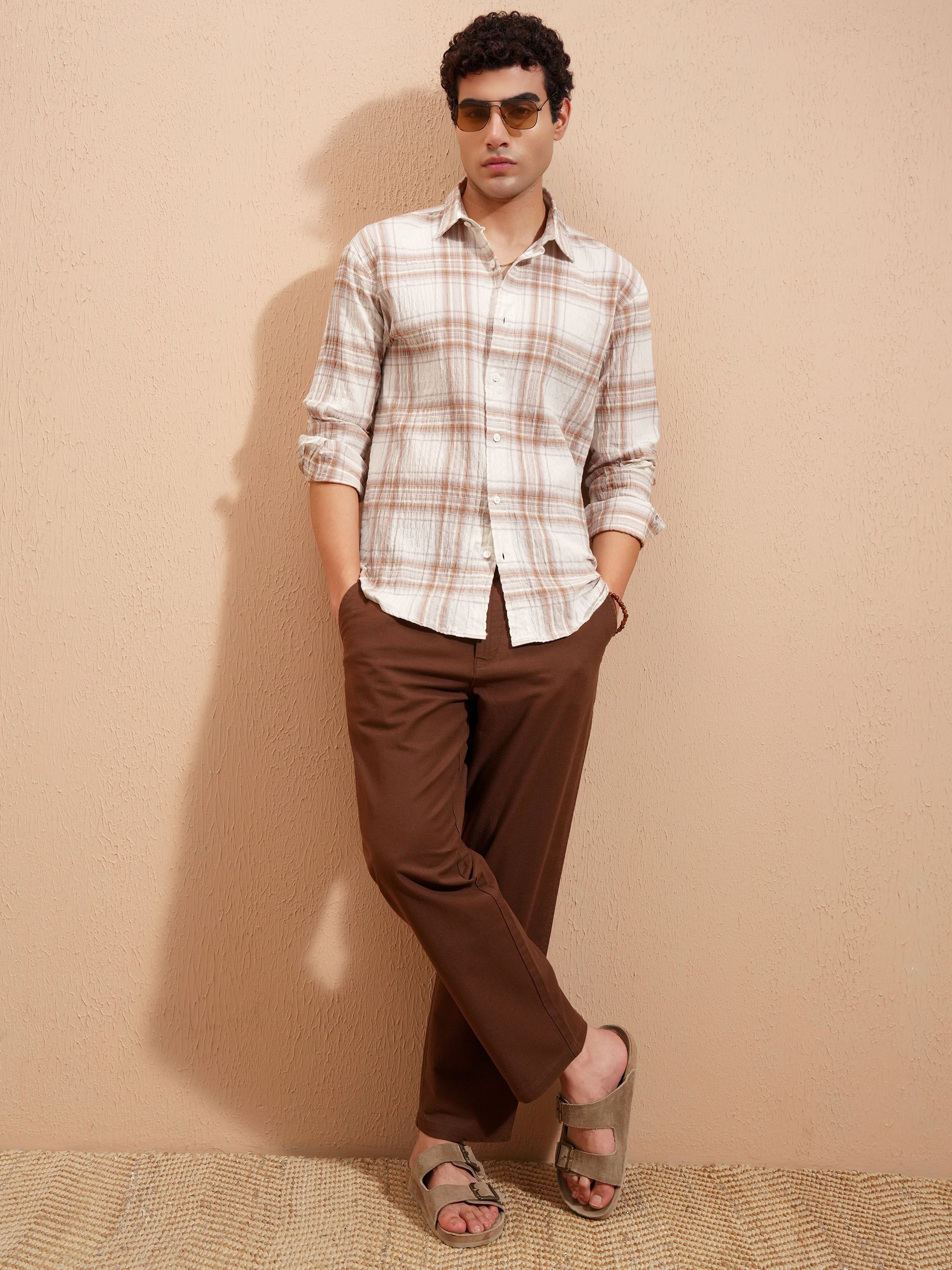 Highlander Men Cream Checked Relaxed Fit Casual Shirt - Cream - Image 2