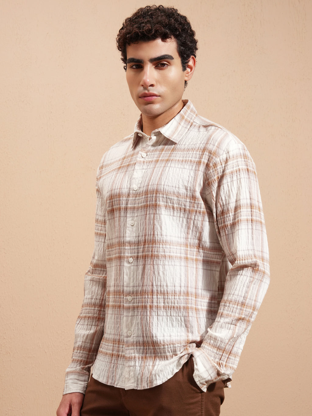 Highlander Men Cream Checked Relaxed Fit Casual Shirt - Cream - Image 4