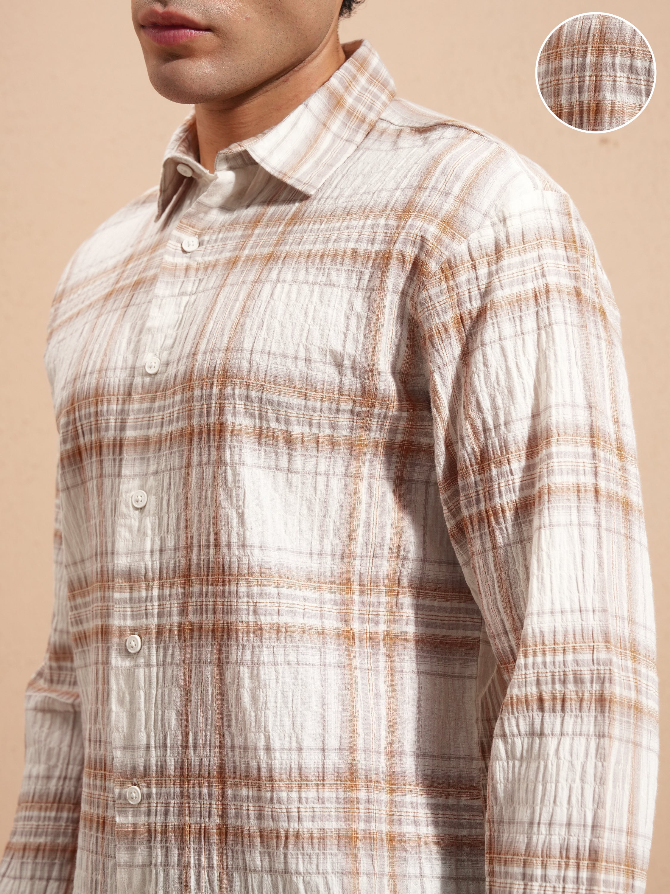 Highlander Men Cream Checked Relaxed Fit Casual Shirt - Cream - Image 5