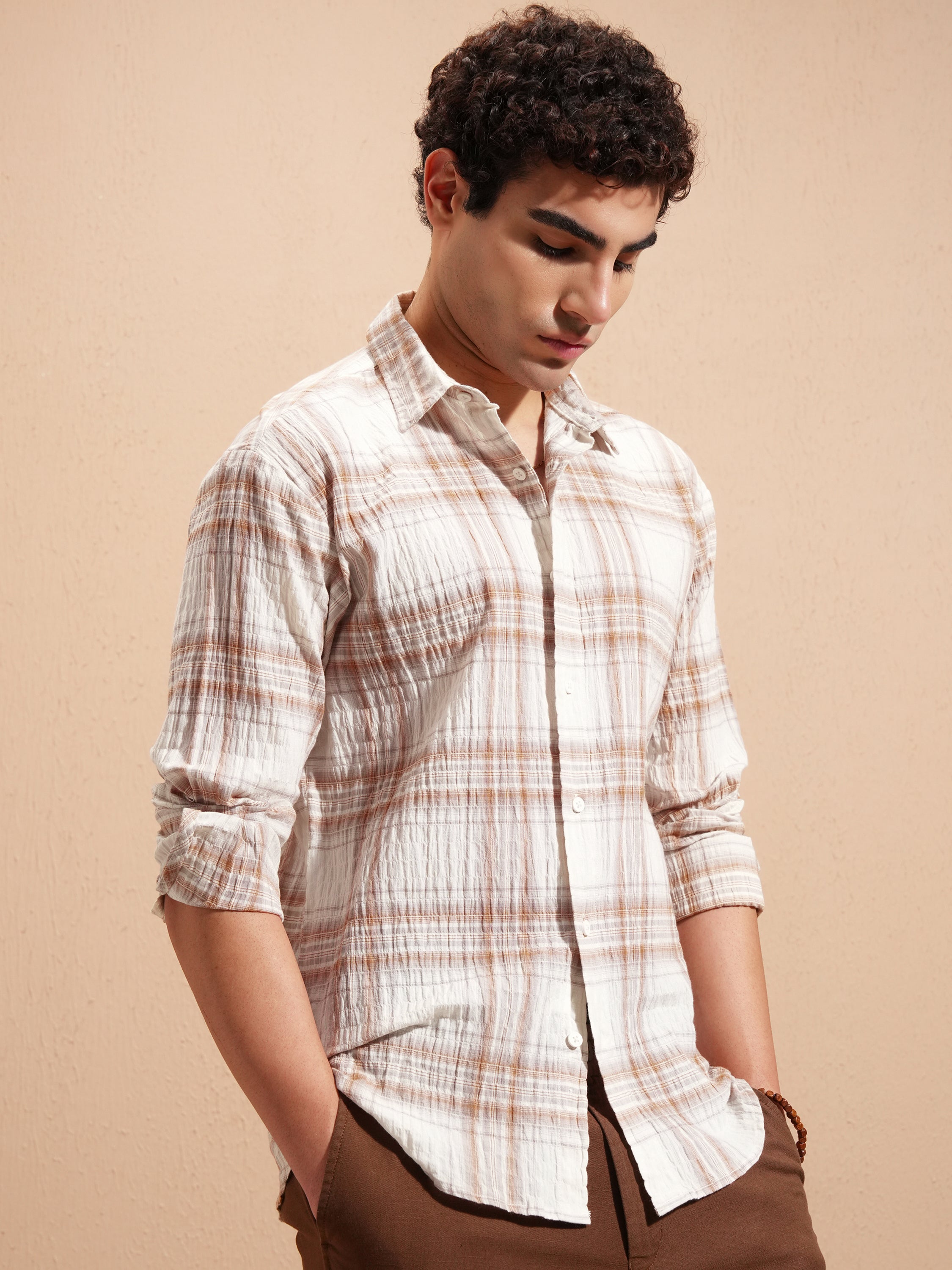 Highlander Men Cream Checked Relaxed Fit Casual Shirt - Cream - Image 6