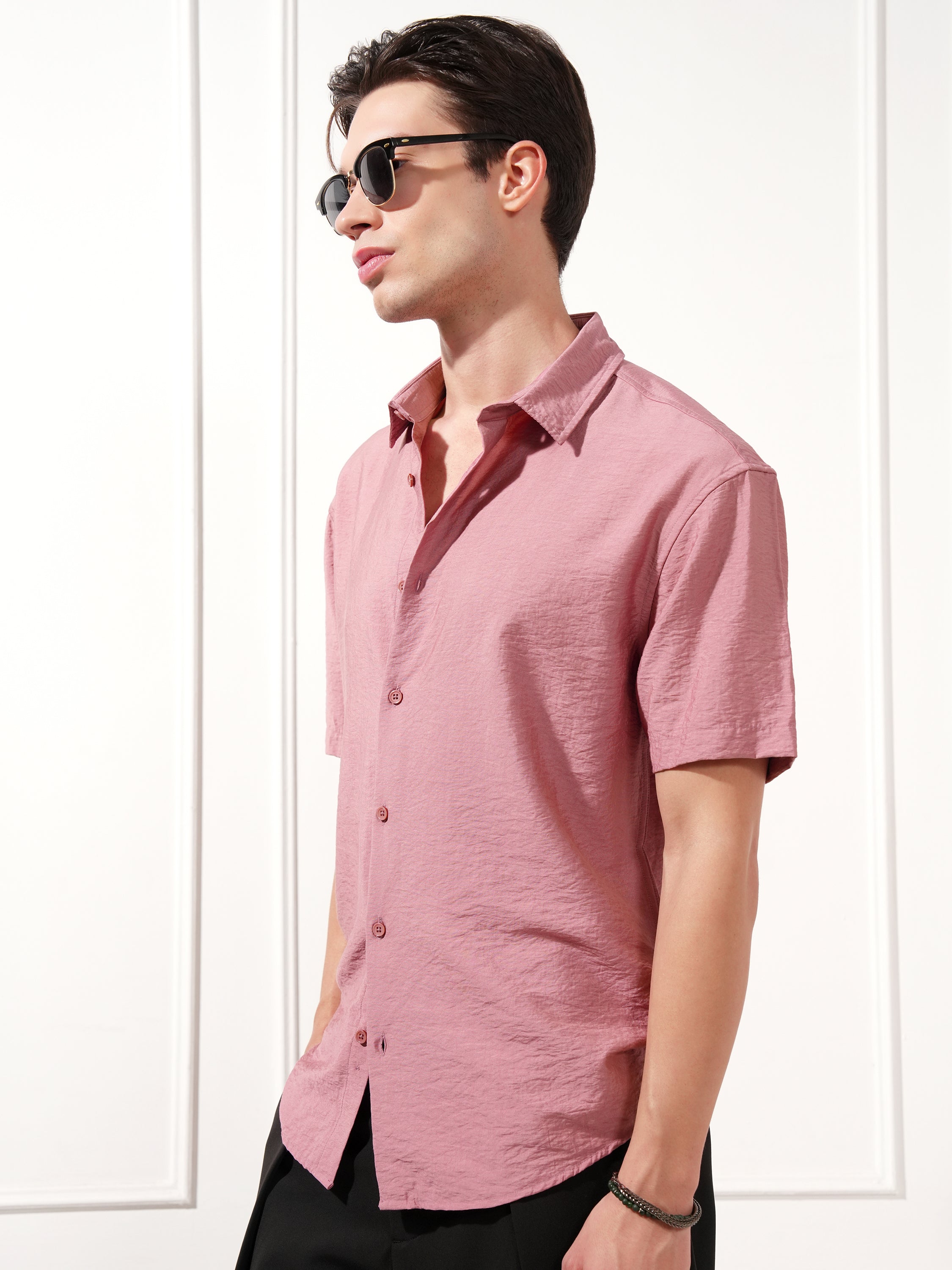 Highlander Men Rose Self Design Relaxed Fit Casual Shirt - Rose - Image 4