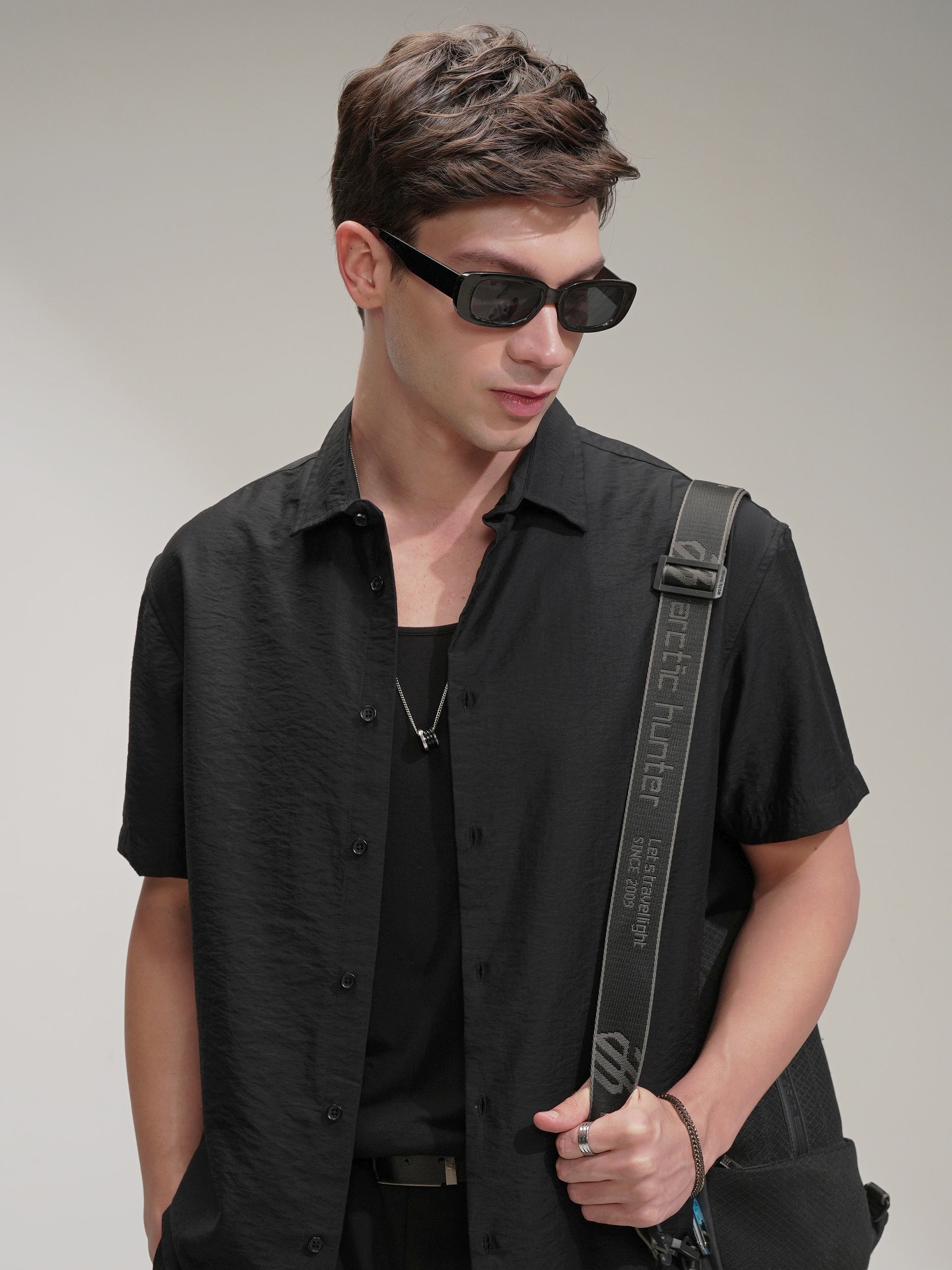 Highlander Men Black Self Design Relaxed Fit Casual Shirt - Black - Image 1