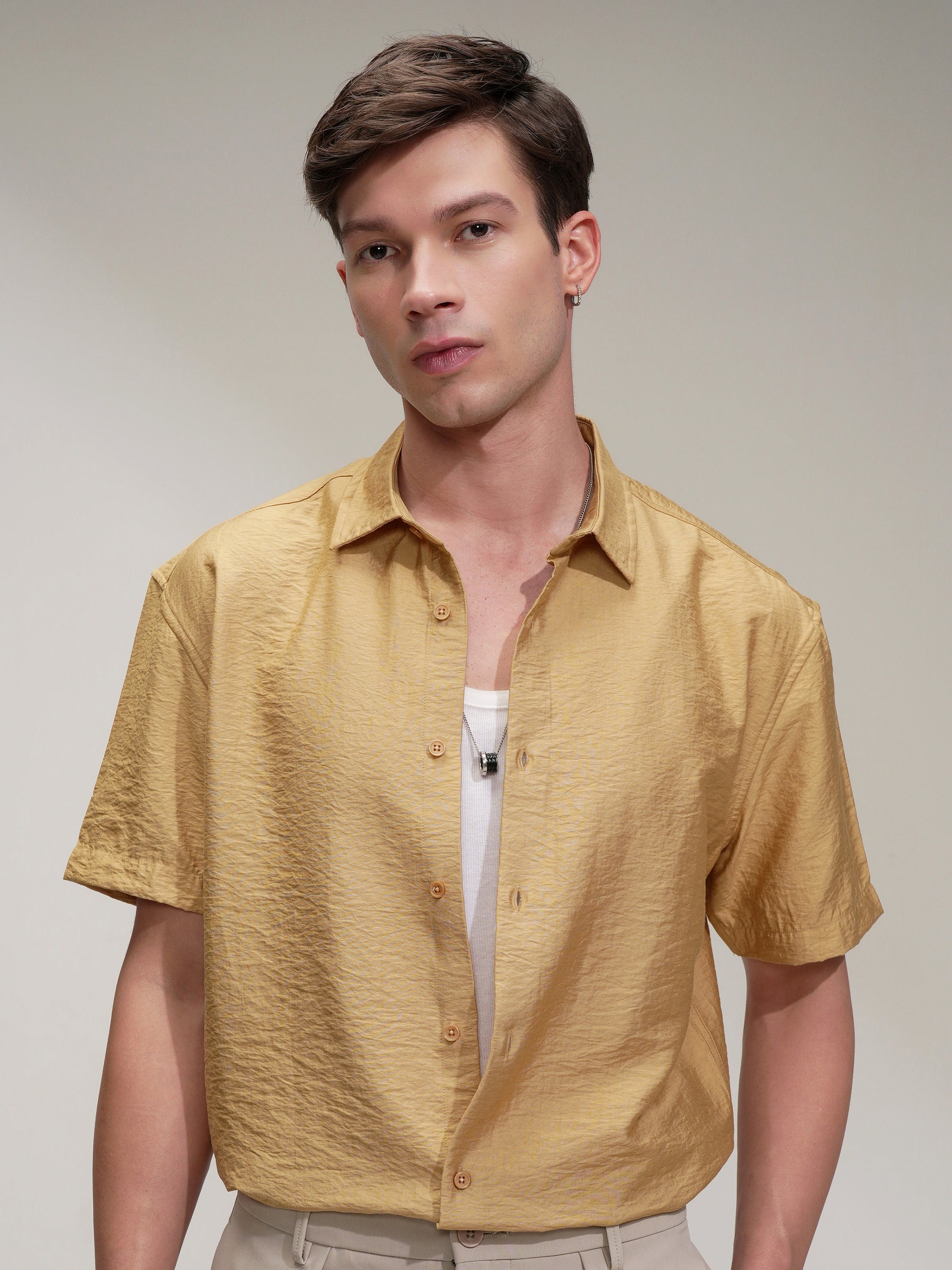 Highlander Men Mustard Self Design Relaxed Fit Casual Shirt - Mustard - Image 1
