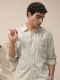 Highlander Men Beige Striped Slim Fit Casual Shirt - Beige - Image 1