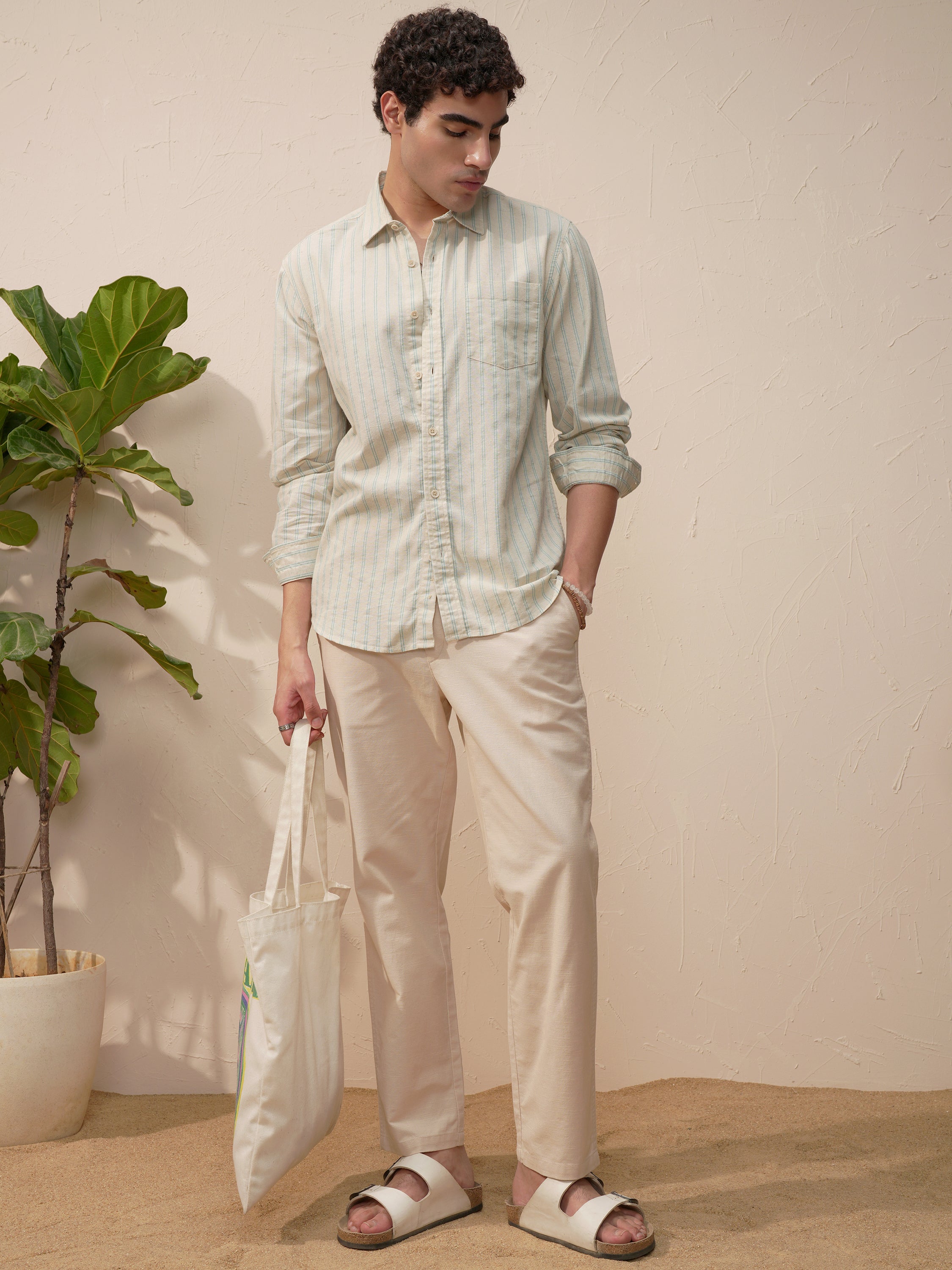 Highlander Men Beige Striped Slim Fit Casual Shirt - Beige - Image 2