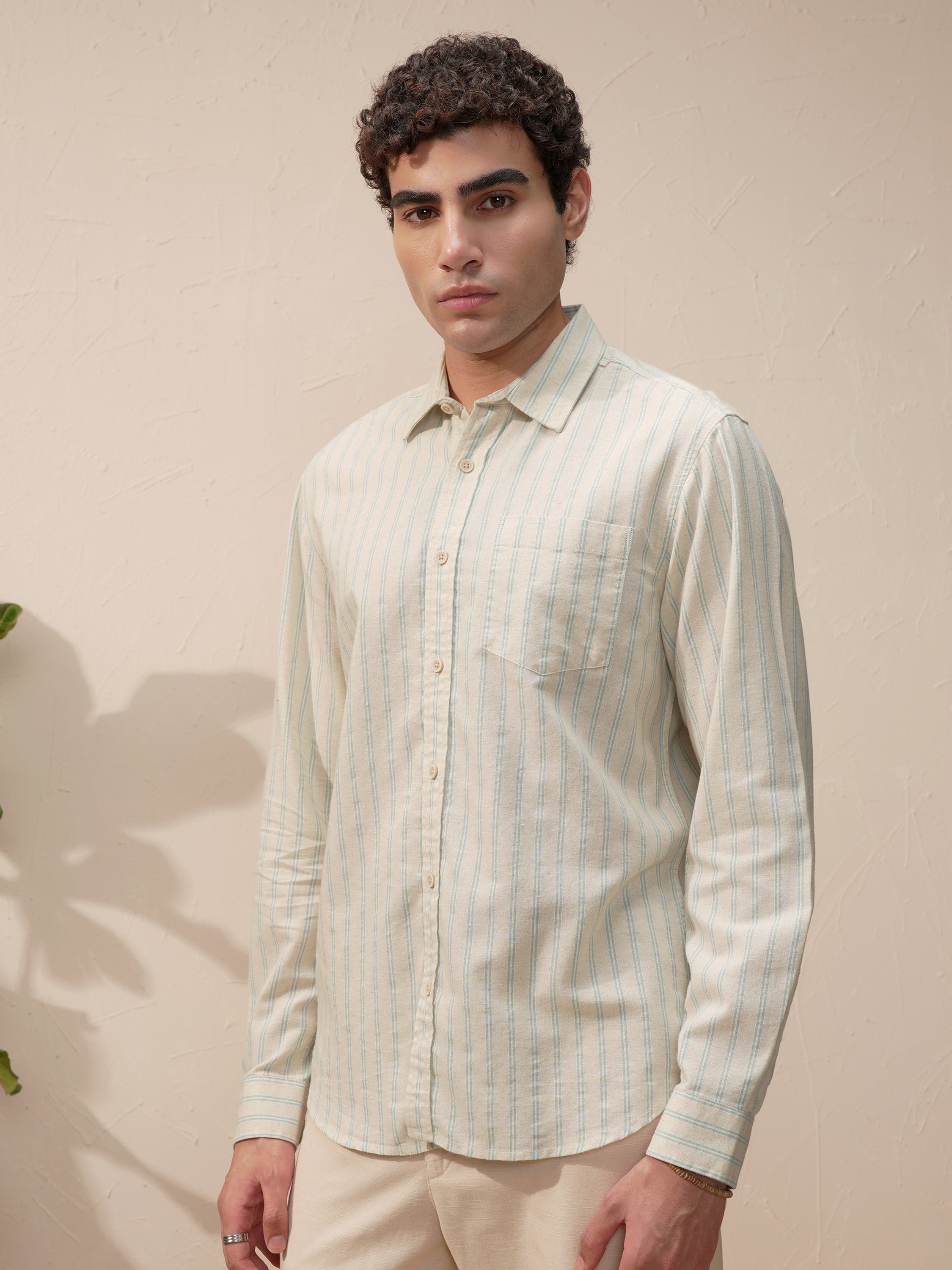 Highlander Men Beige Striped Slim Fit Casual Shirt - Beige - Image 4