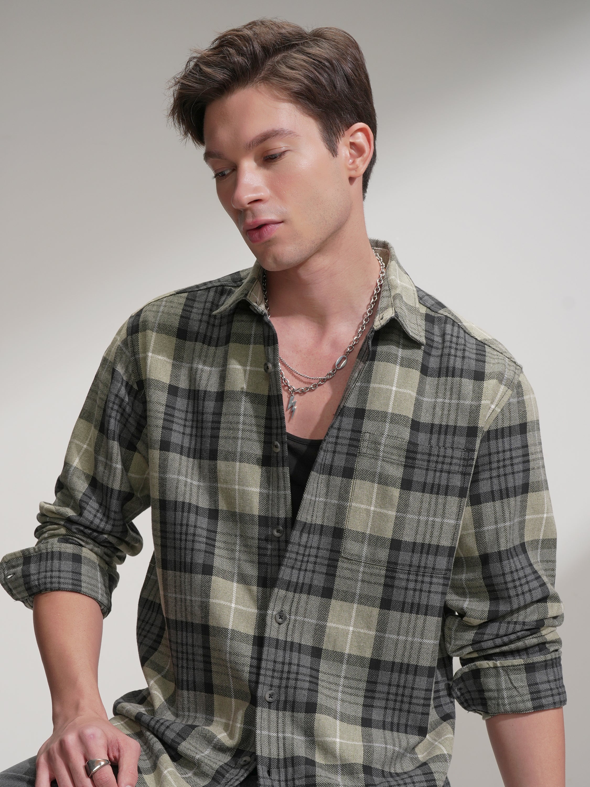 Highlander Men Olive Checked Relaxed Fit Casual Shirt - Olive - Image 1