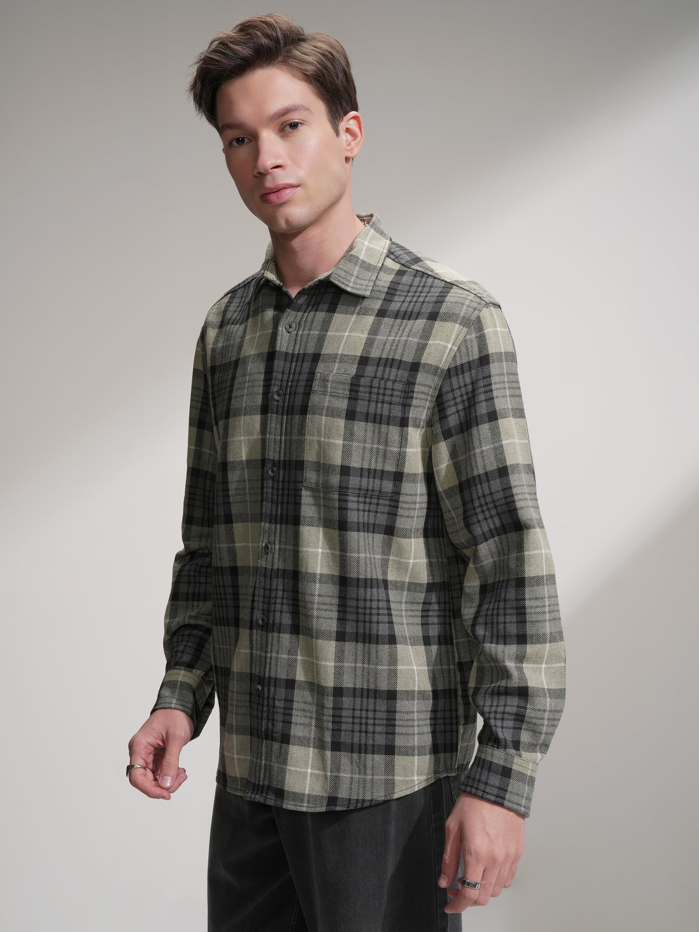 Highlander Men Olive Checked Relaxed Fit Casual Shirt - Olive - Image 4