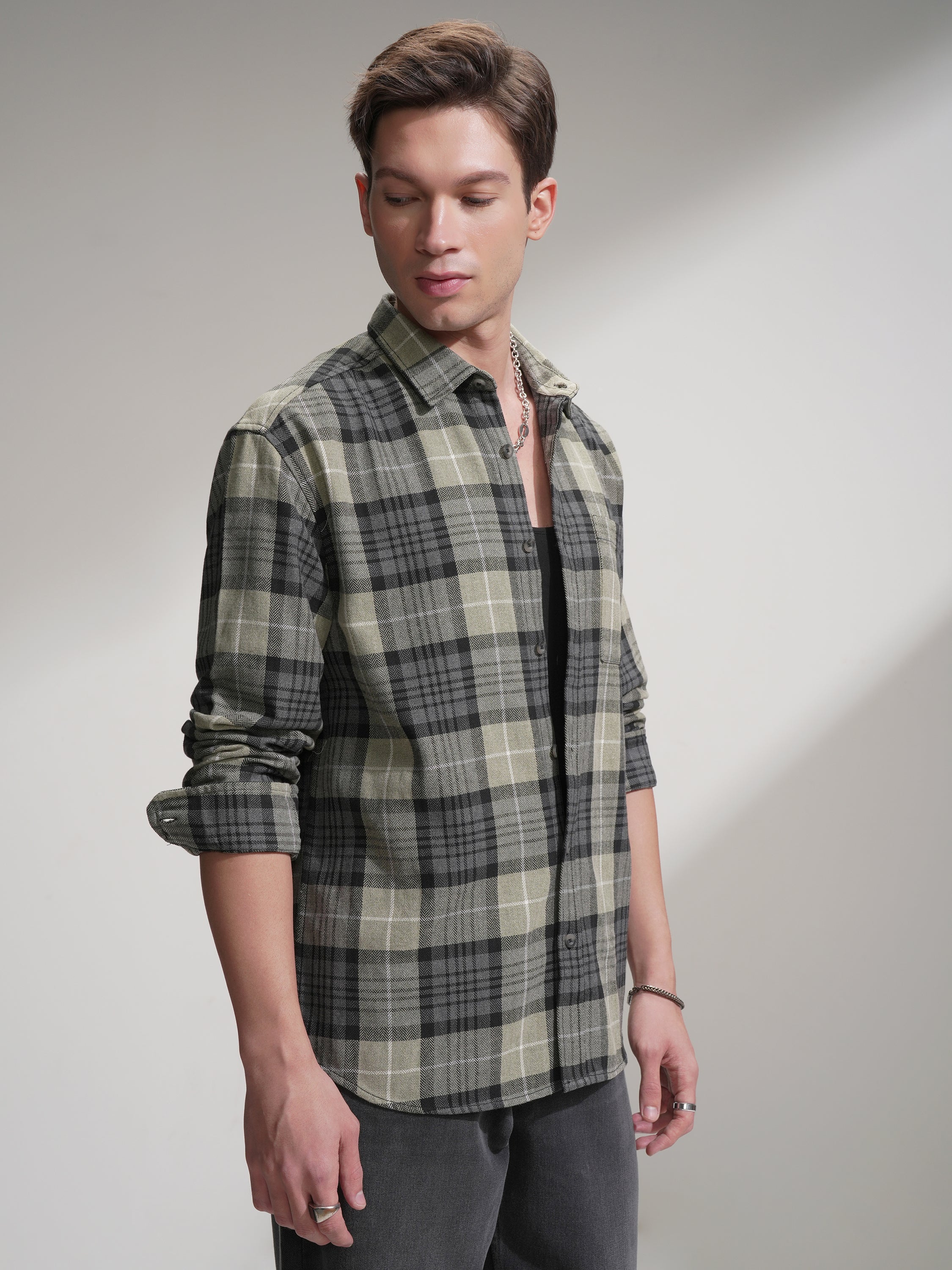 Highlander Men Olive Checked Relaxed Fit Casual Shirt - Olive - Image 6