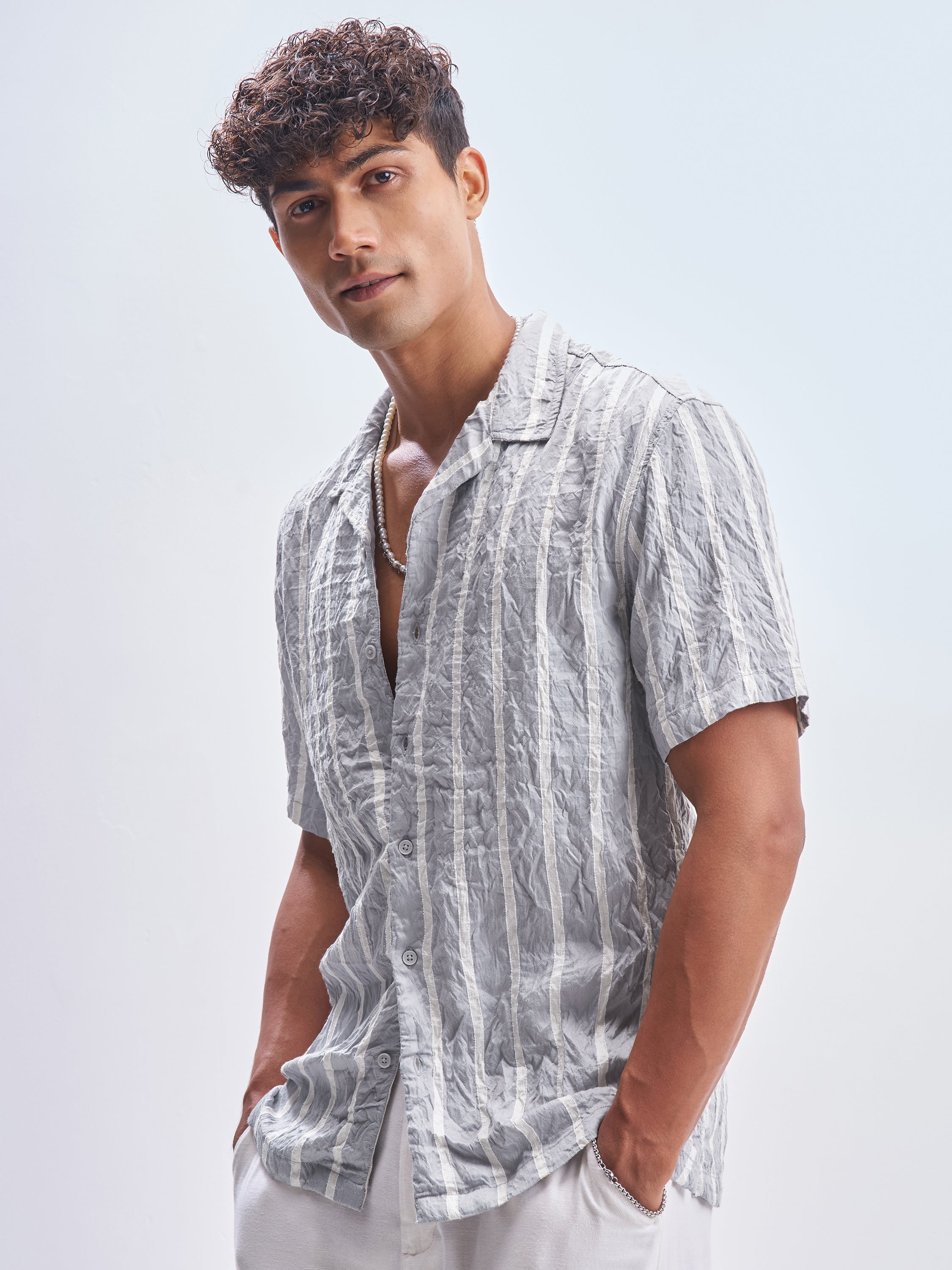 Highlander Men Grey Striped Relaxed Fit Casual Shirt - Grey - Image 4
