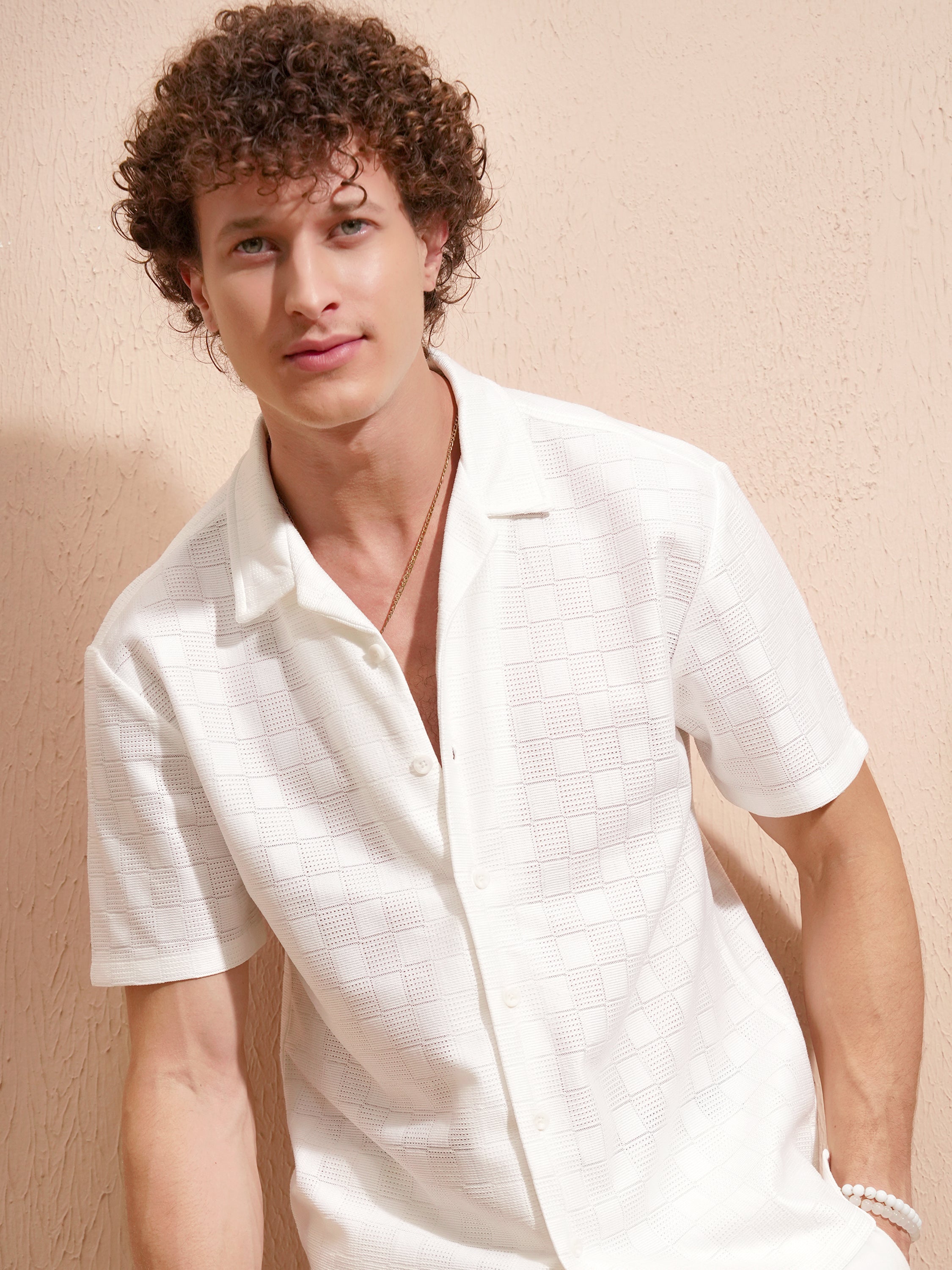 Highlander Men White Self Design Regular Fit Casual Shirt - White - Image 1
