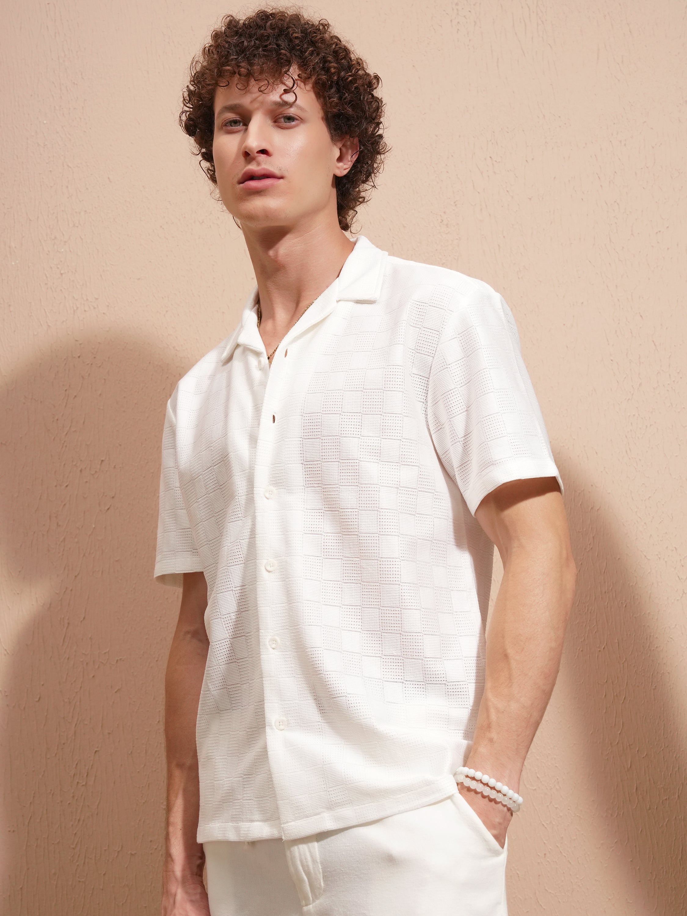 Highlander Men White Self Design Regular Fit Casual Shirt - White - Image 4