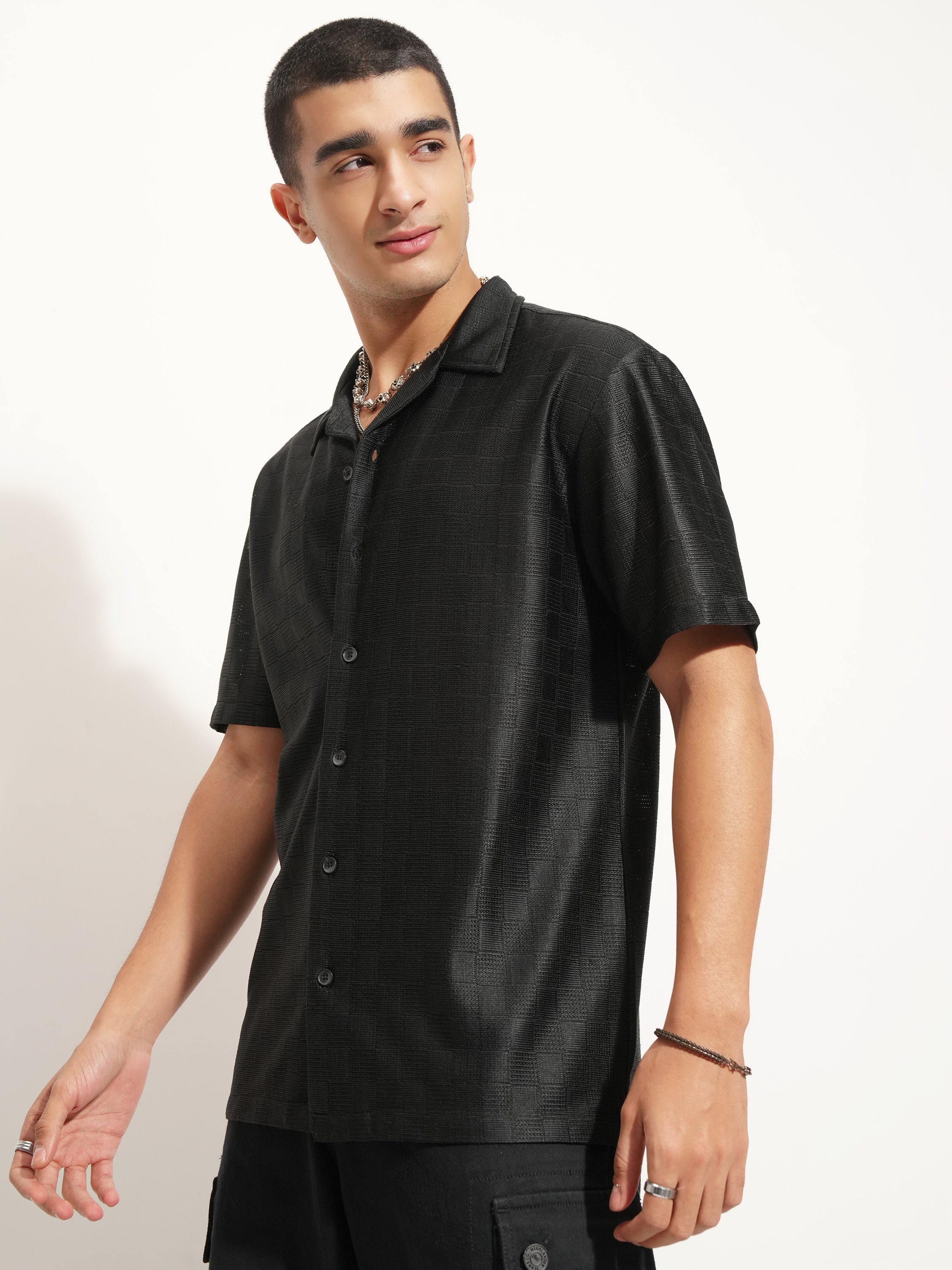 Highlander Men Black Self Design Oversized Fit Casual Shirt - Black - Image 6