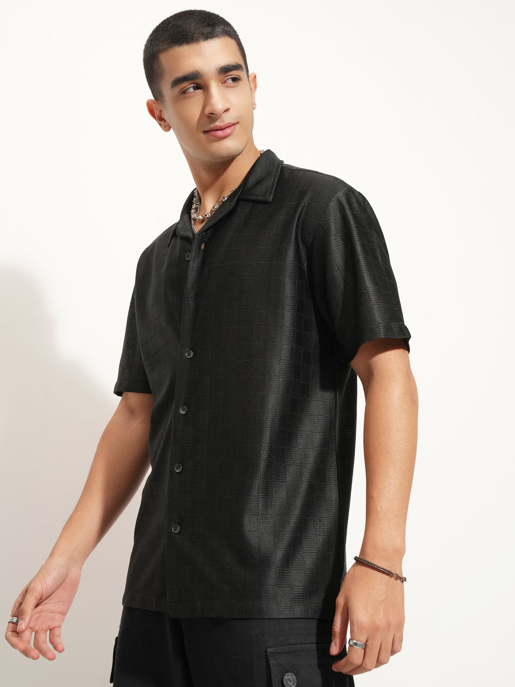 Highlander Men Black Self Design Oversized Fit Casual Shirt - Black - Image 7