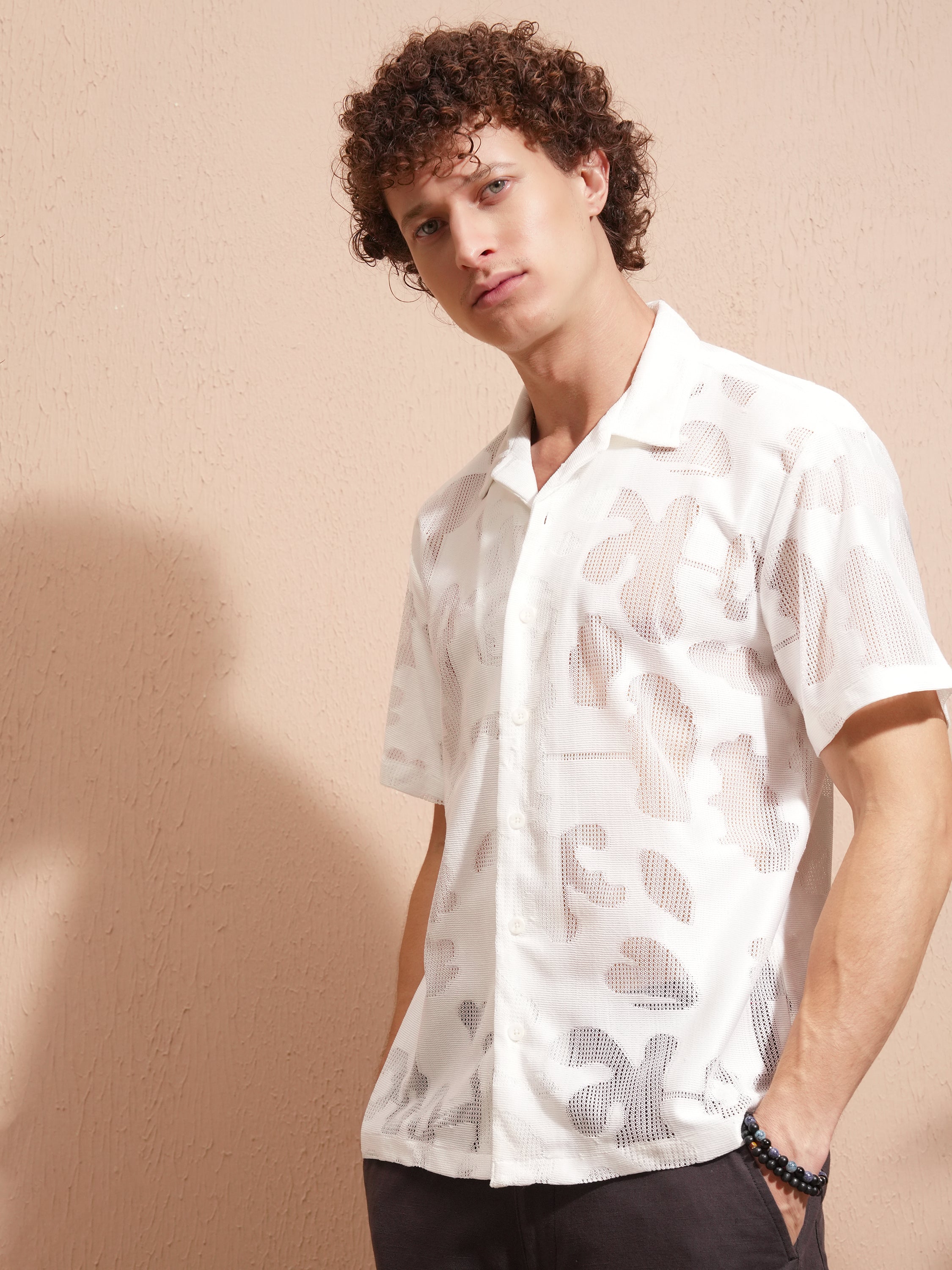 Highlander Men White Self Design Relaxed Fit Casual Shirt - White - Image 4
