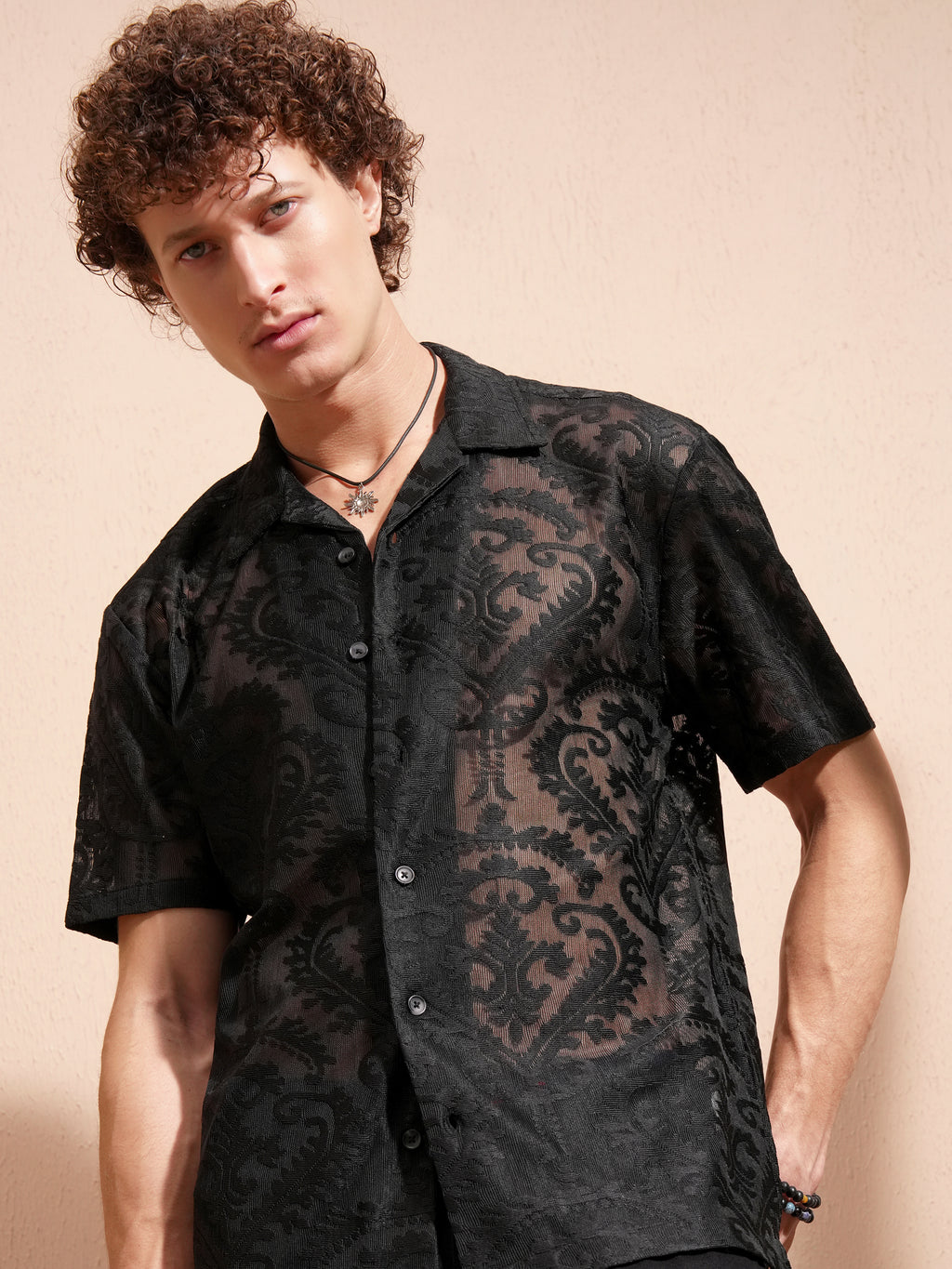 Highlander Men Black Self Design Relaxed Fit Casual Shirt - Black - Image 1