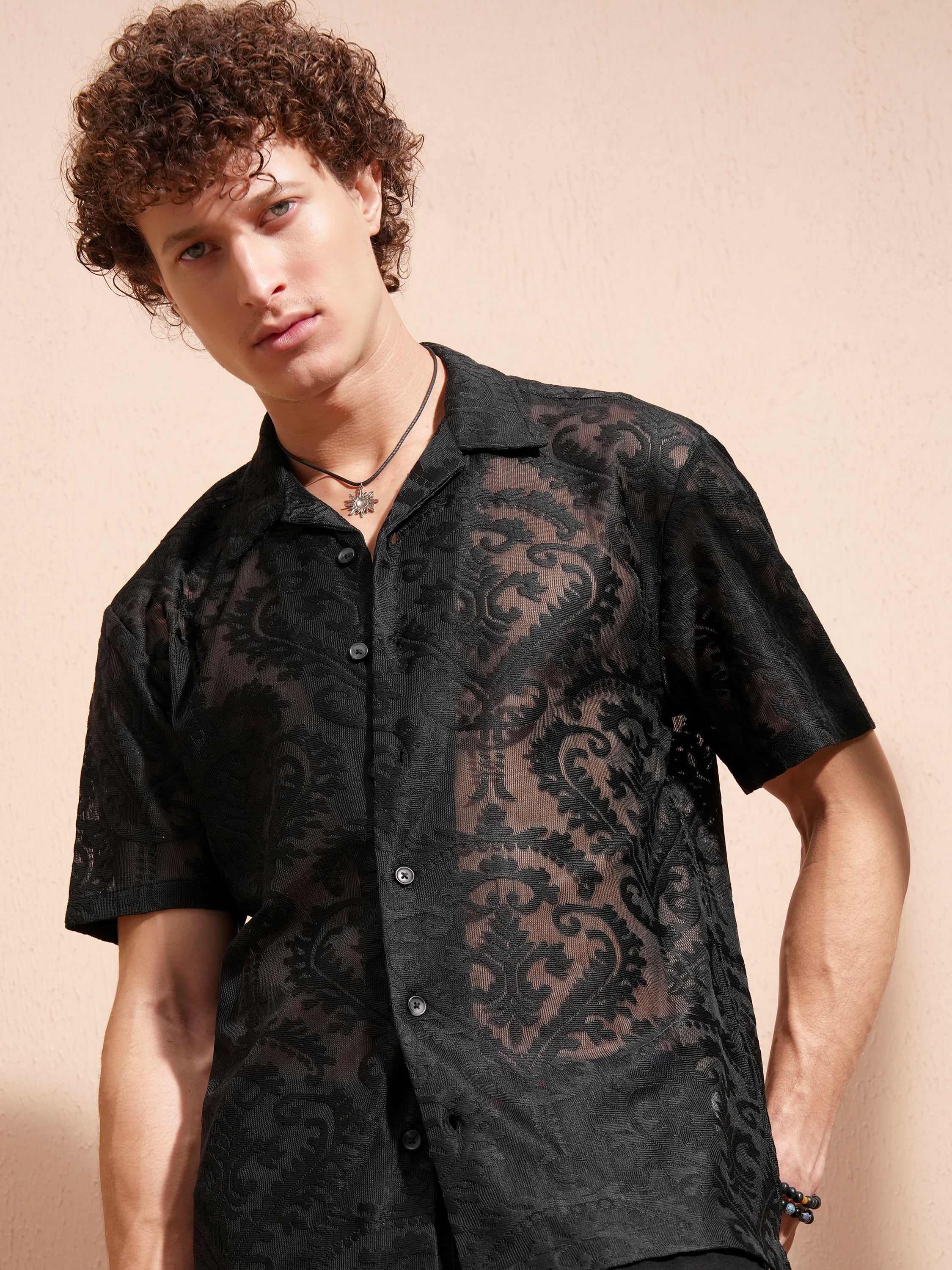 Highlander Men Black Self Design Relaxed Fit Casual Shirt - Black - Image 1