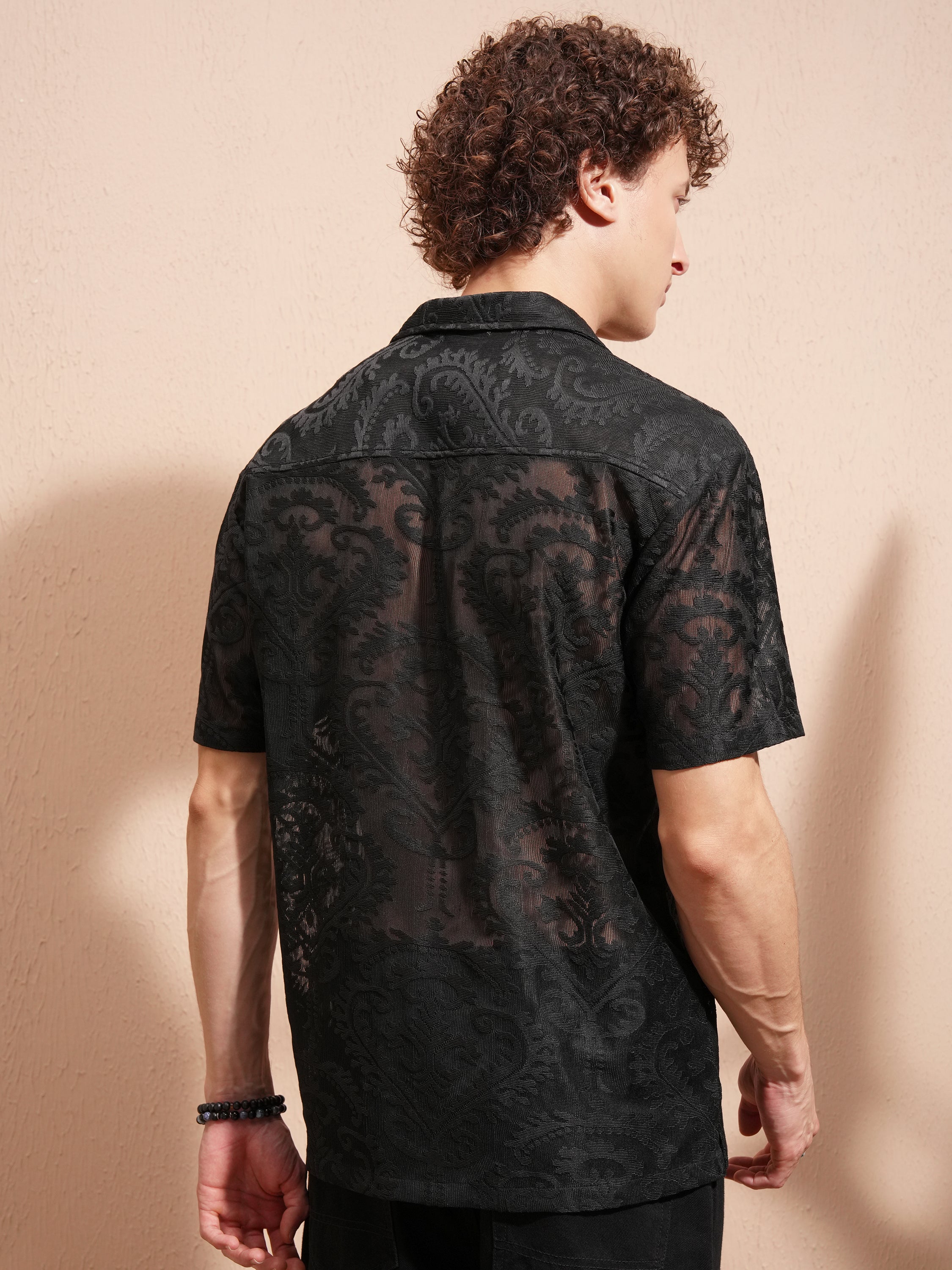 Highlander Men Black Self Design Relaxed Fit Casual Shirt - Black - Image 3