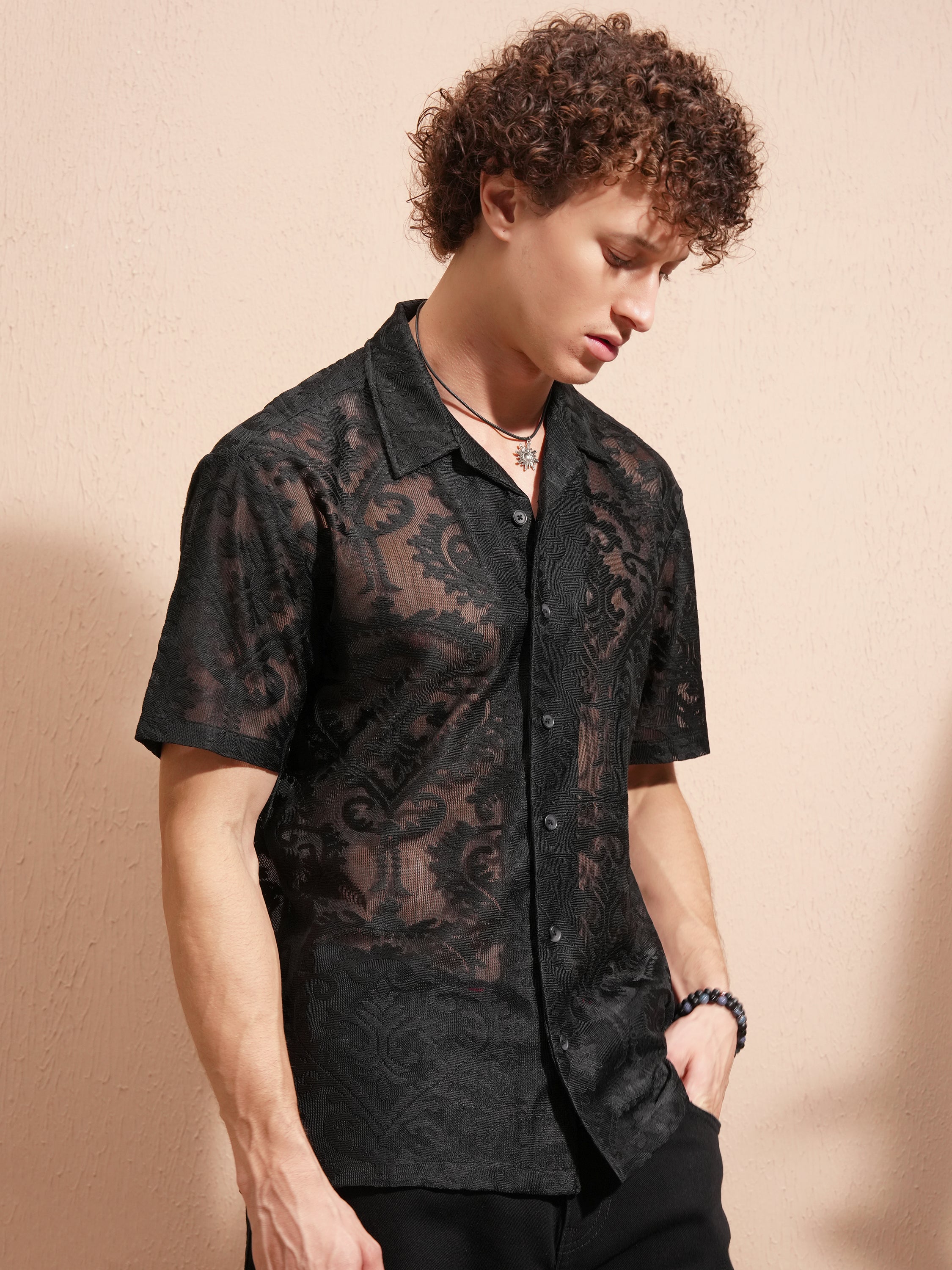 Highlander Men Black Self Design Relaxed Fit Casual Shirt - Black - Image 6