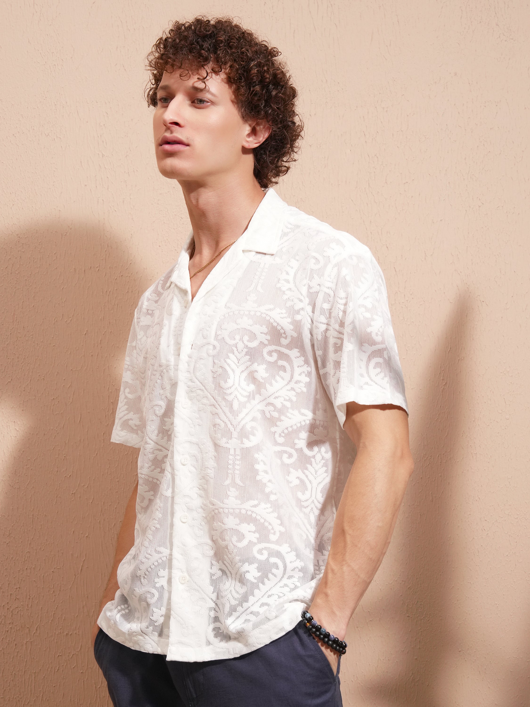 Highlander Men White Self Design Relaxed Fit Casual Shirt - White - Image 4