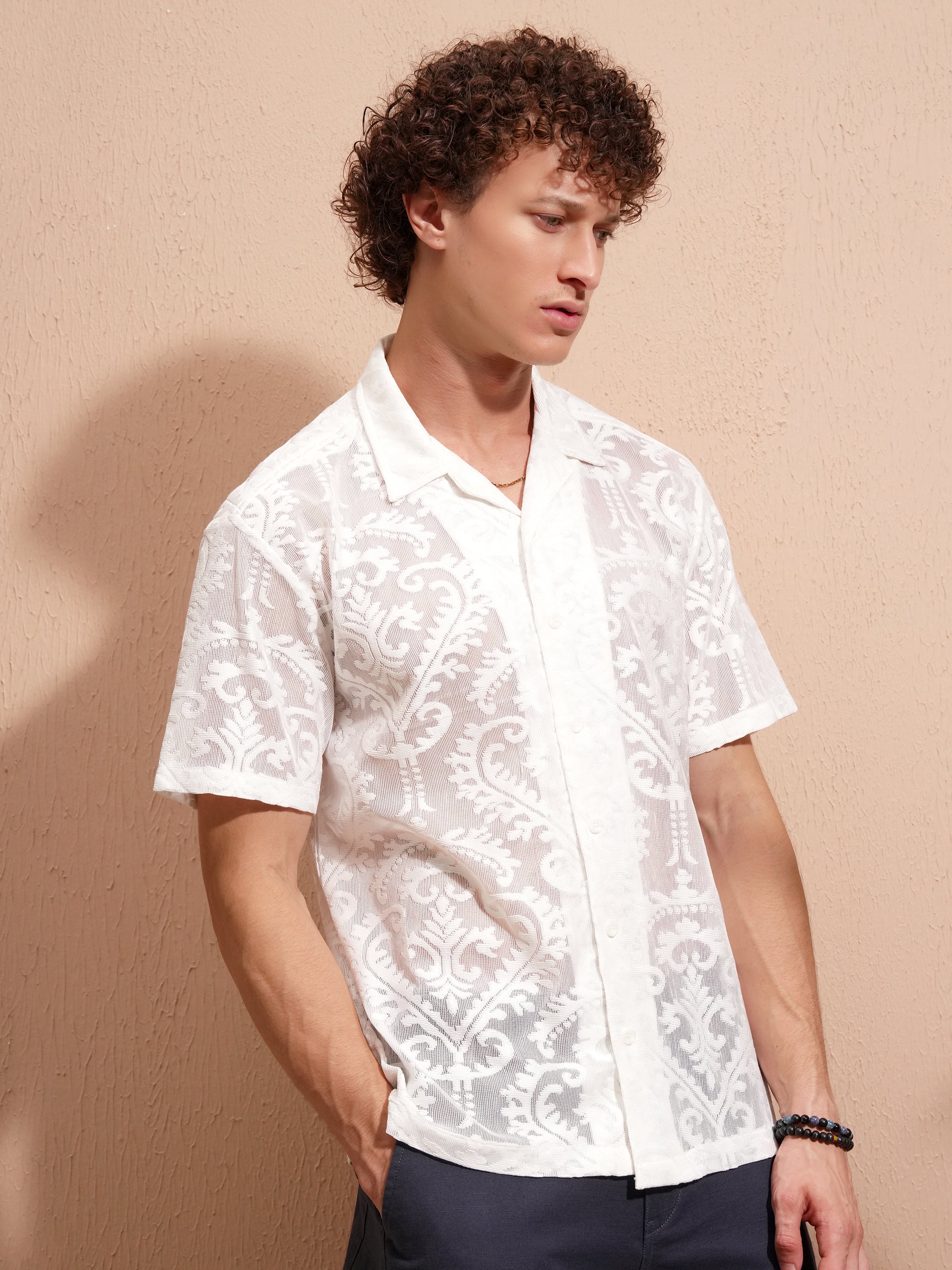 Highlander Men White Self Design Relaxed Fit Casual Shirt - White - Image 6