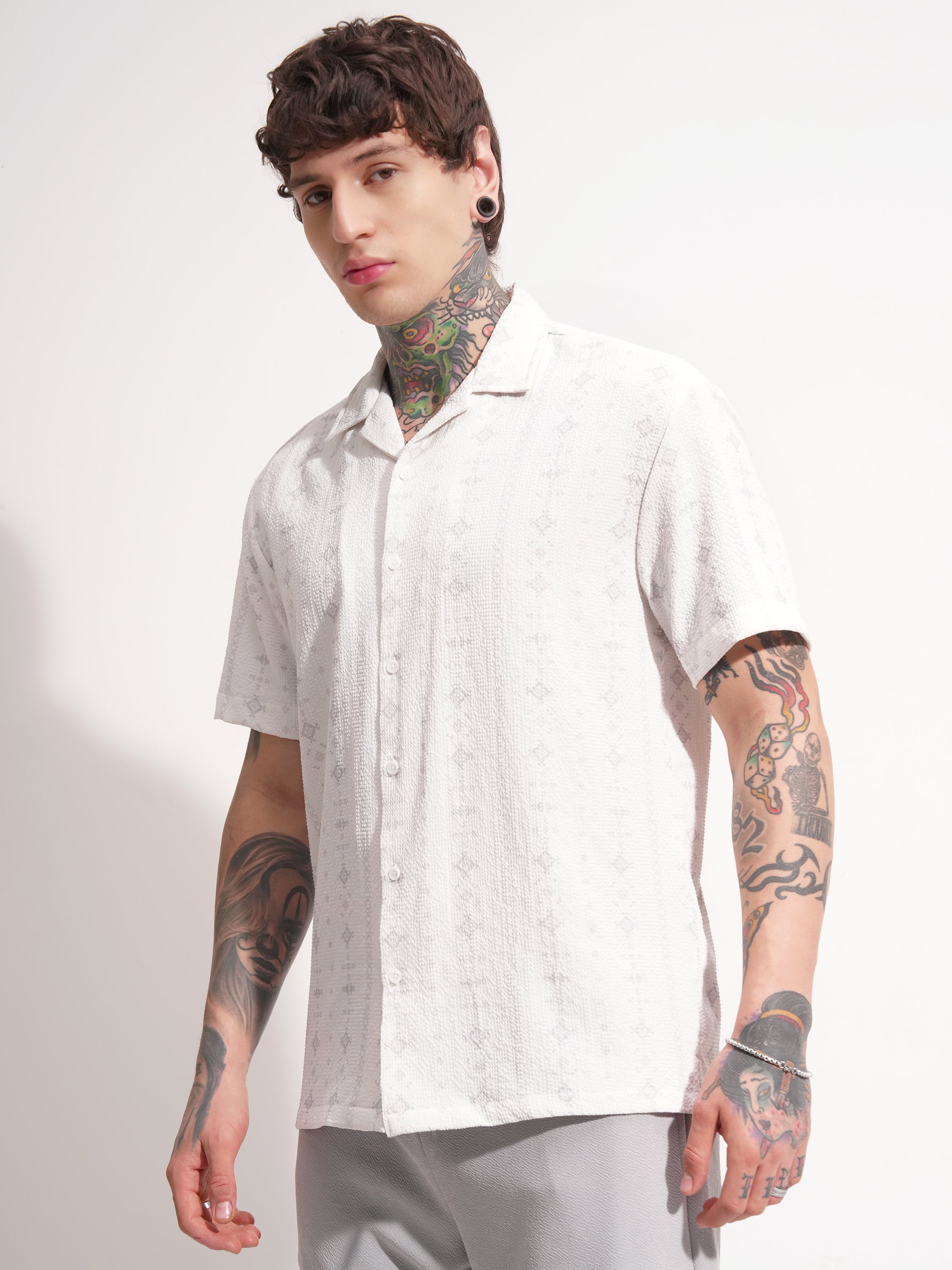 Highlander Men White Self Design Relaxed Fit Casual Shirt - White - Image 4