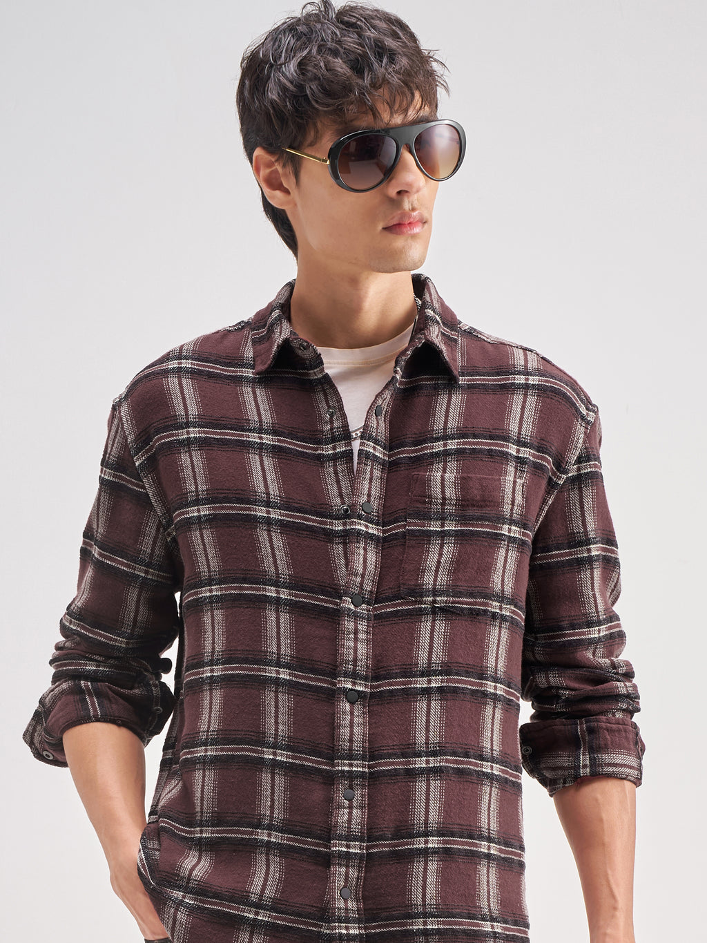 Highlander Men Maroon Checked Relaxed Fit Casual Shirt - Maroon - Image 1