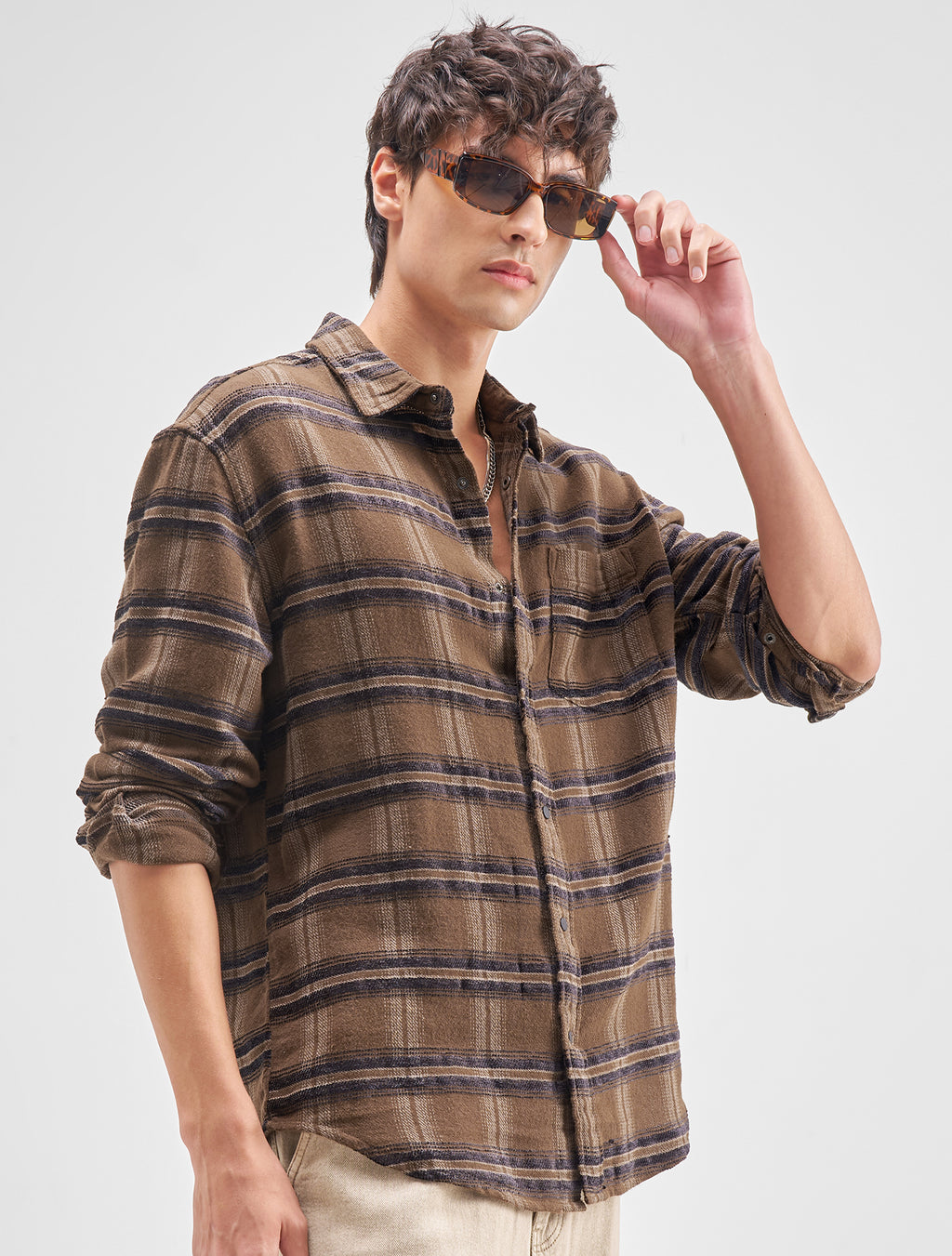 Highlander Men Brown Checked Relaxed Fit Casual Shirt - Brown - Image 6