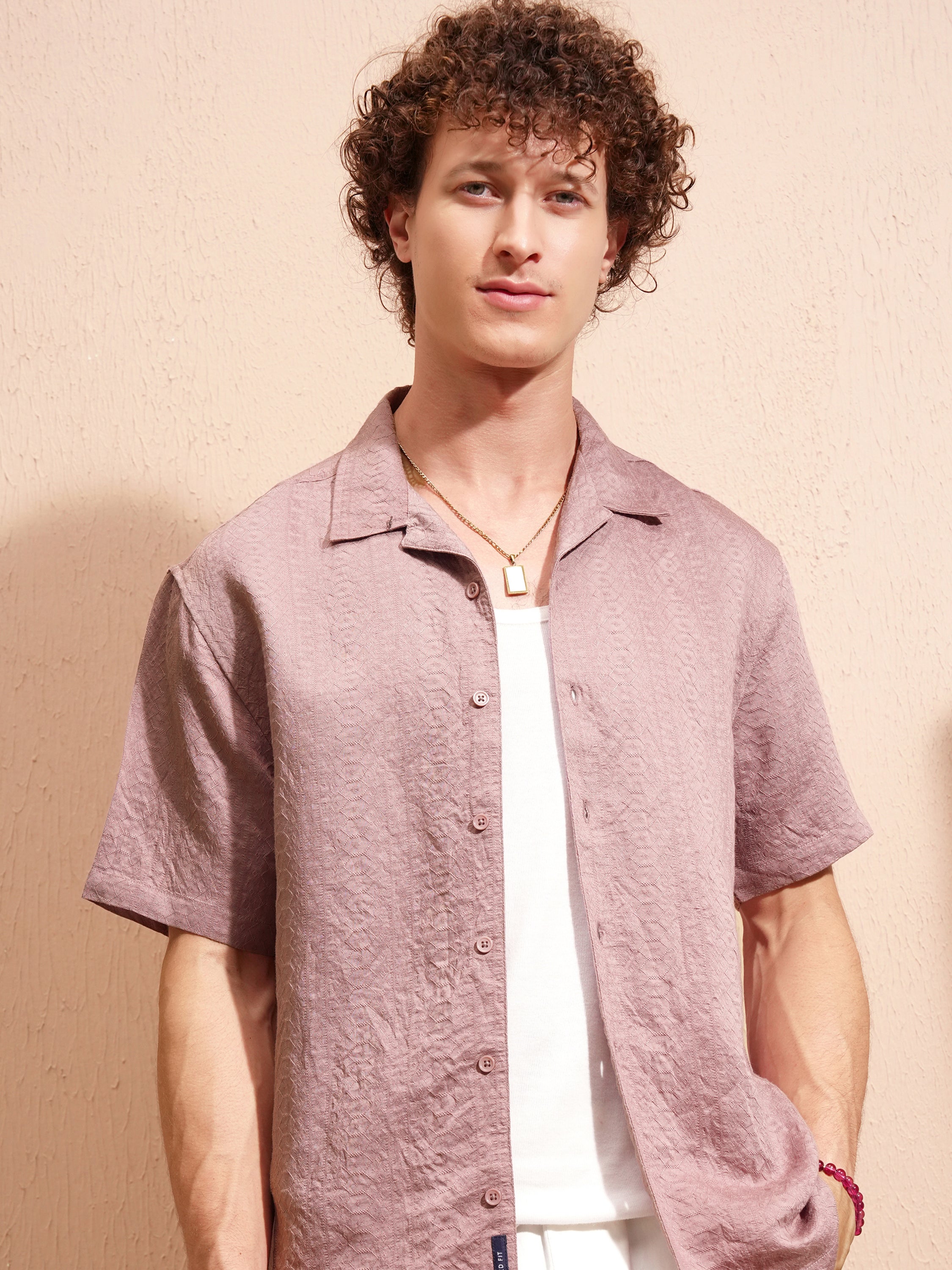 Highlander Men Lavender Self Design Relaxed Fit Casual Shirt - Lavender - Image 1