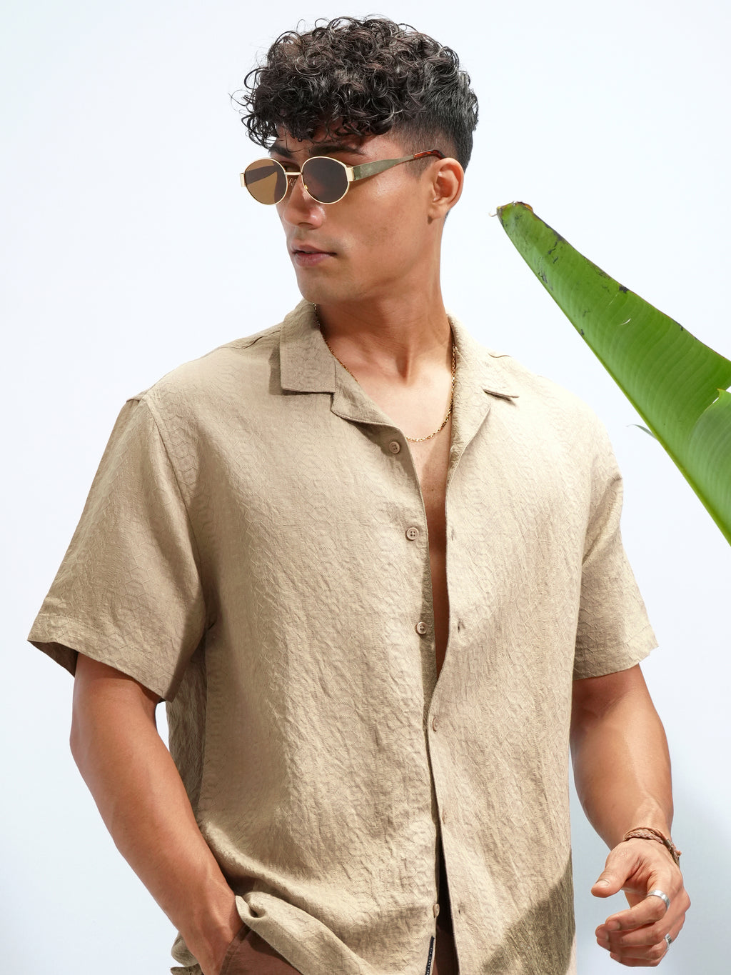 Highlander Men Khaki Self Design Relaxed Fit Casual Shirt - Khaki - Image 1