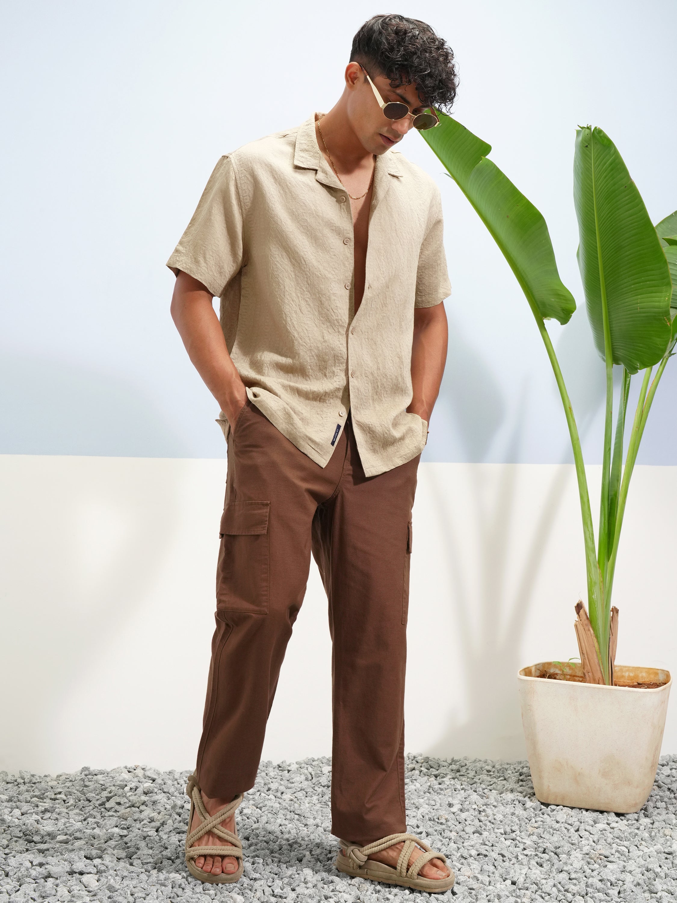 Highlander Men Khaki Self Design Relaxed Fit Casual Shirt - Khaki - Image 2