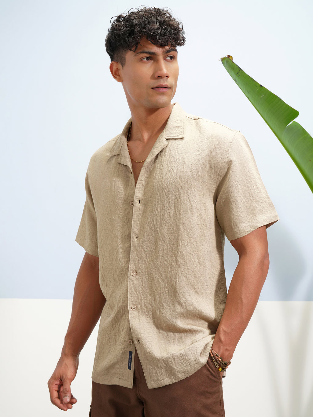 Highlander Men Khaki Self Design Relaxed Fit Casual Shirt - Khaki - Image 4