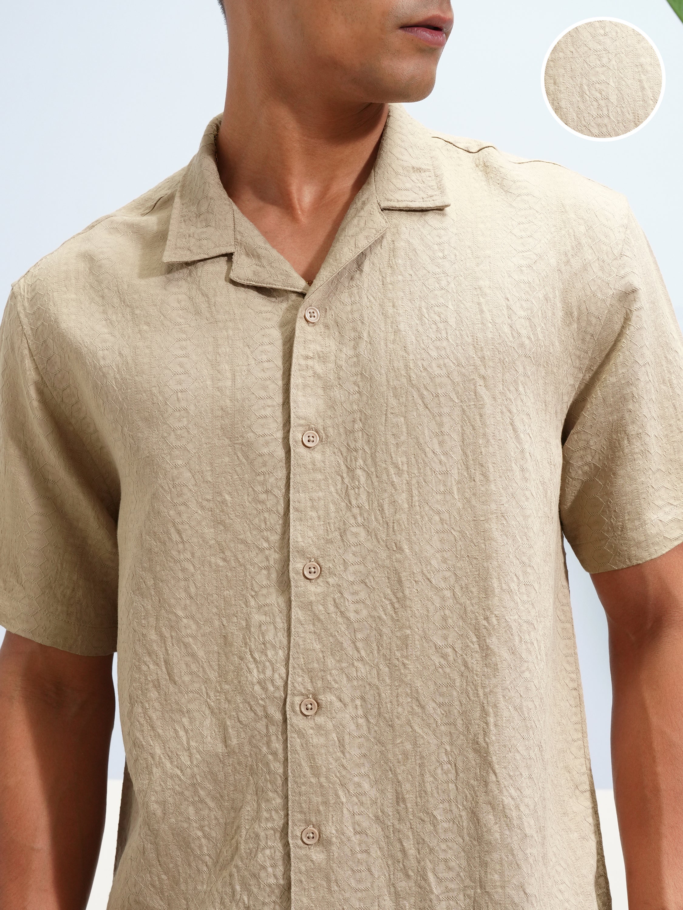 Highlander Men Khaki Self Design Relaxed Fit Casual Shirt - Khaki - Image 5