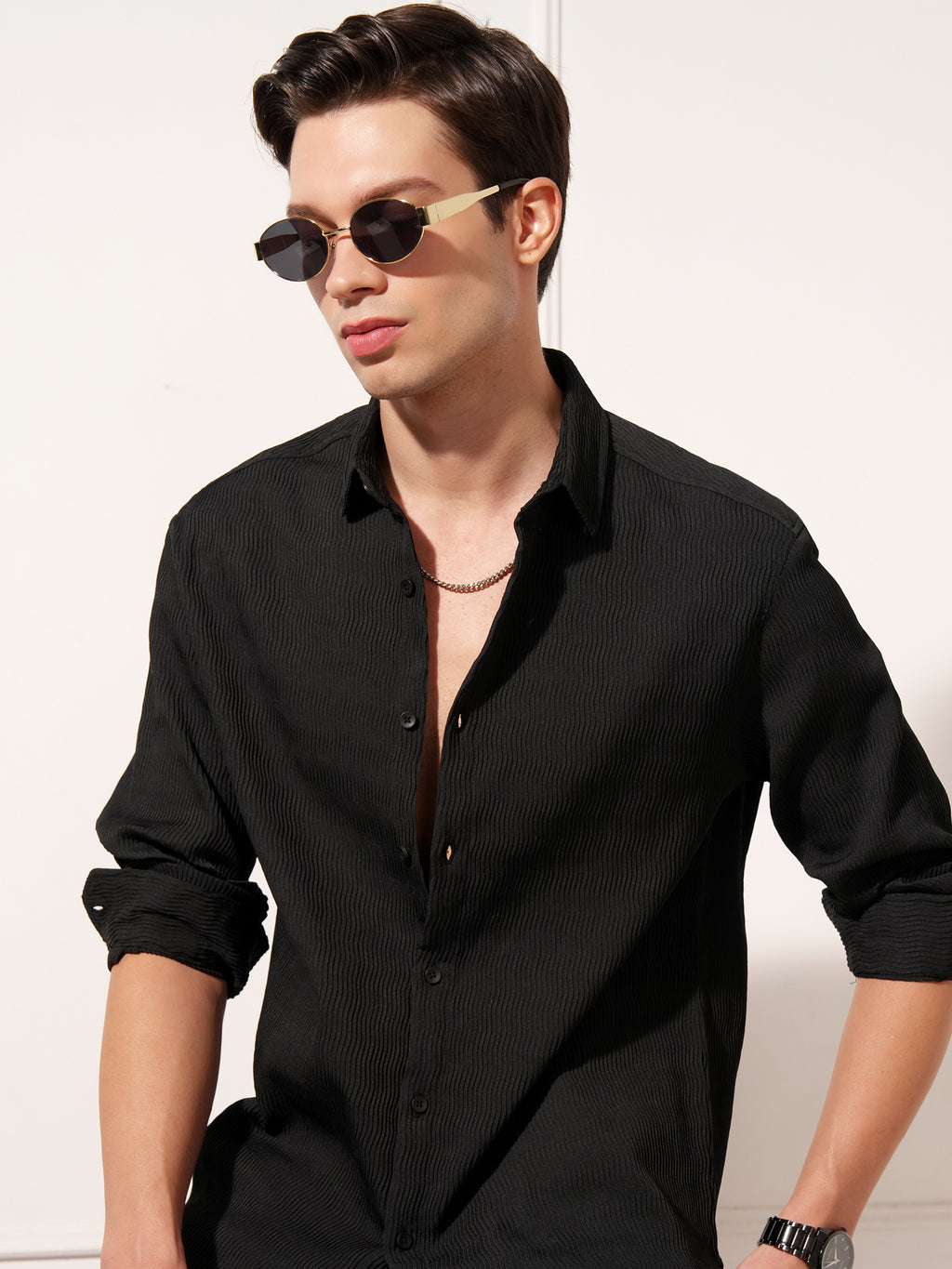 Highlander Men Black Self Design Relaxed Fit Casual Shirt - Black - Image 1