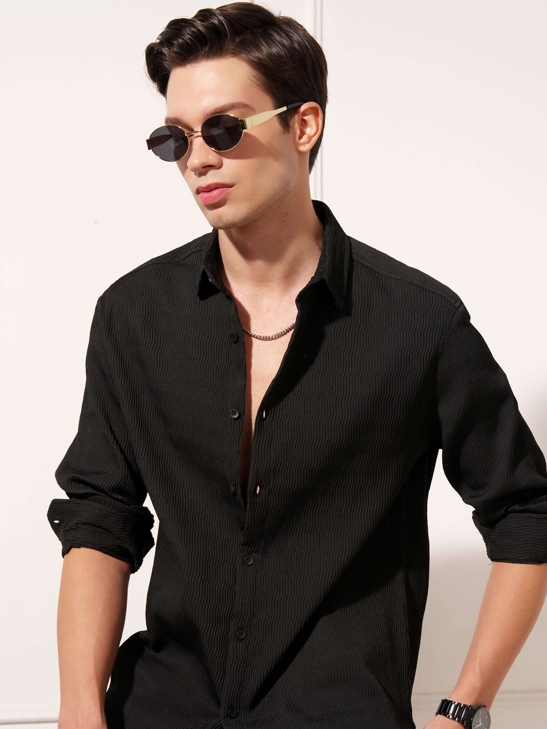 Highlander Men Black Self Design Relaxed Fit Casual Shirt - Black - Image 1
