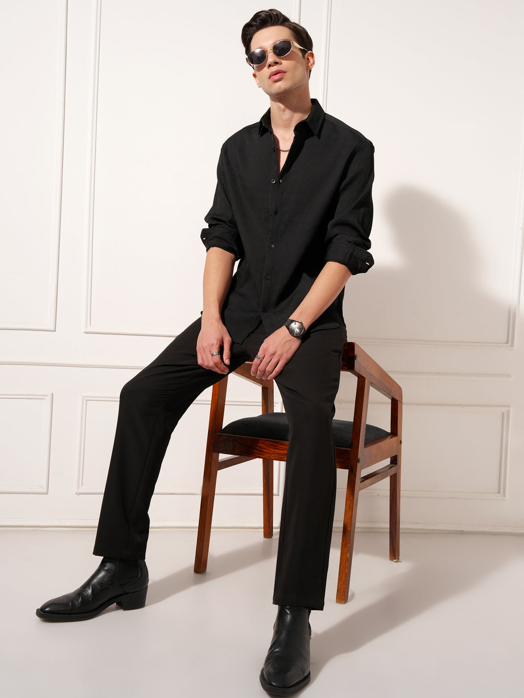 Highlander Men Black Self Design Relaxed Fit Casual Shirt - Black - Image 3