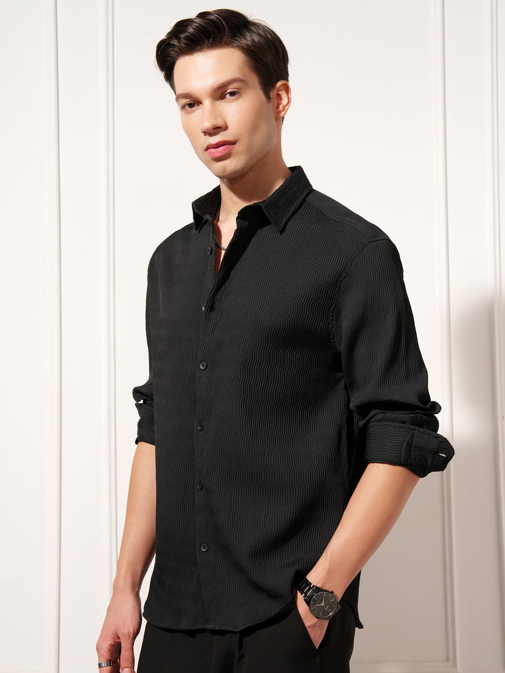 Highlander Men Black Self Design Relaxed Fit Casual Shirt - Black - Image 6